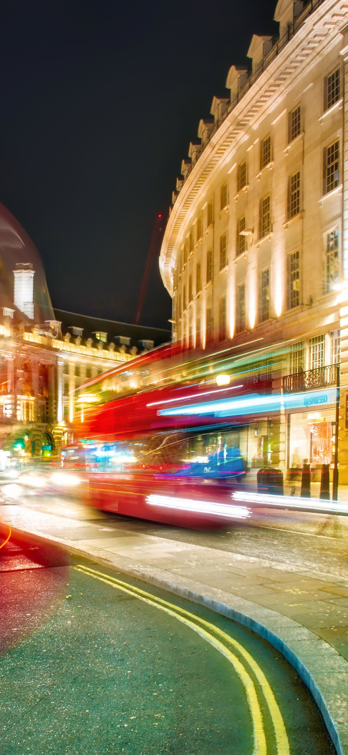 Download mobile wallpaper Night, London, Street, Bus, Vehicles, Motion Blur for free.