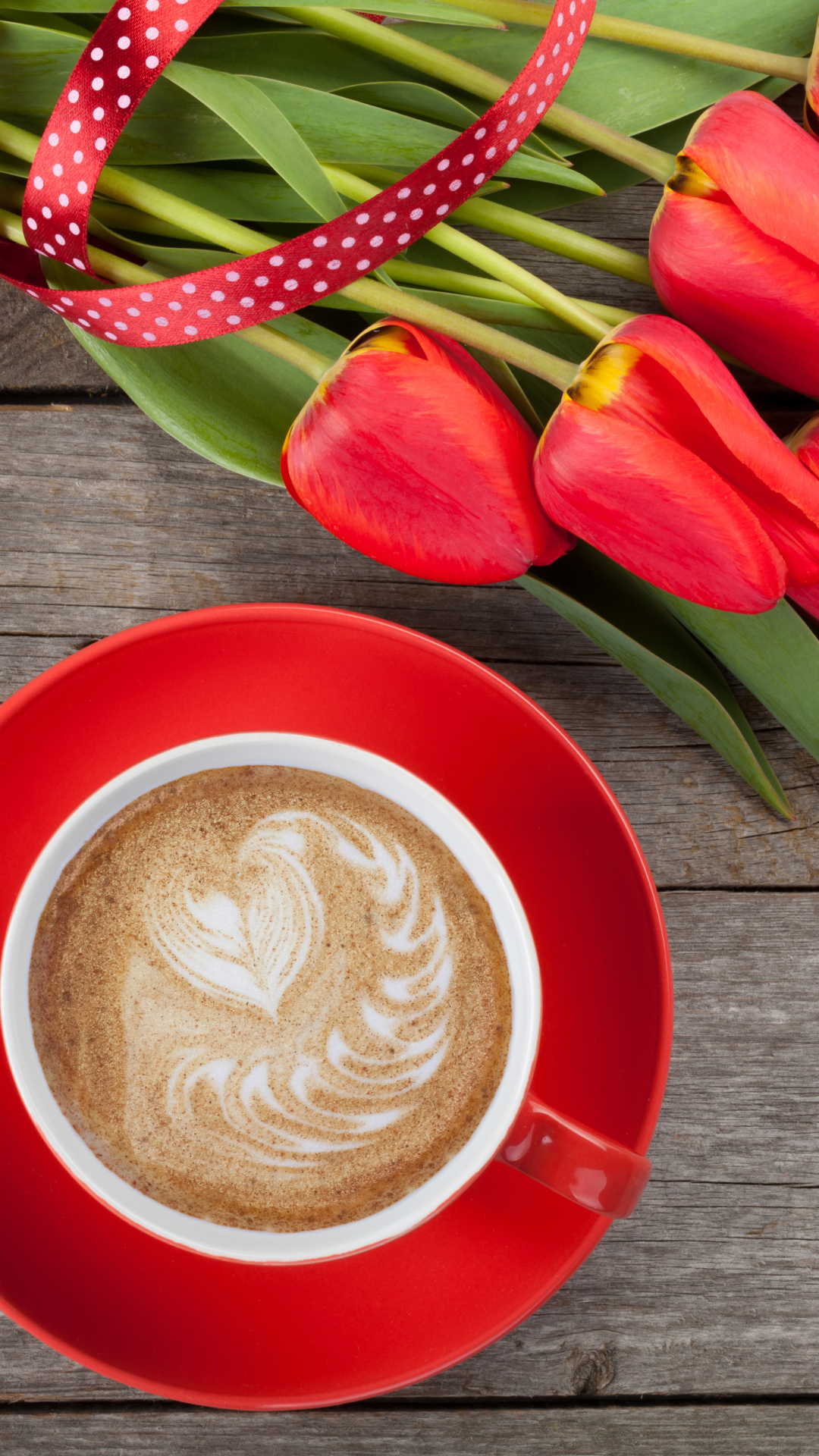 Download mobile wallpaper Food, Coffee, Still Life, Flower, Cup, Tulip, Red Flower for free.