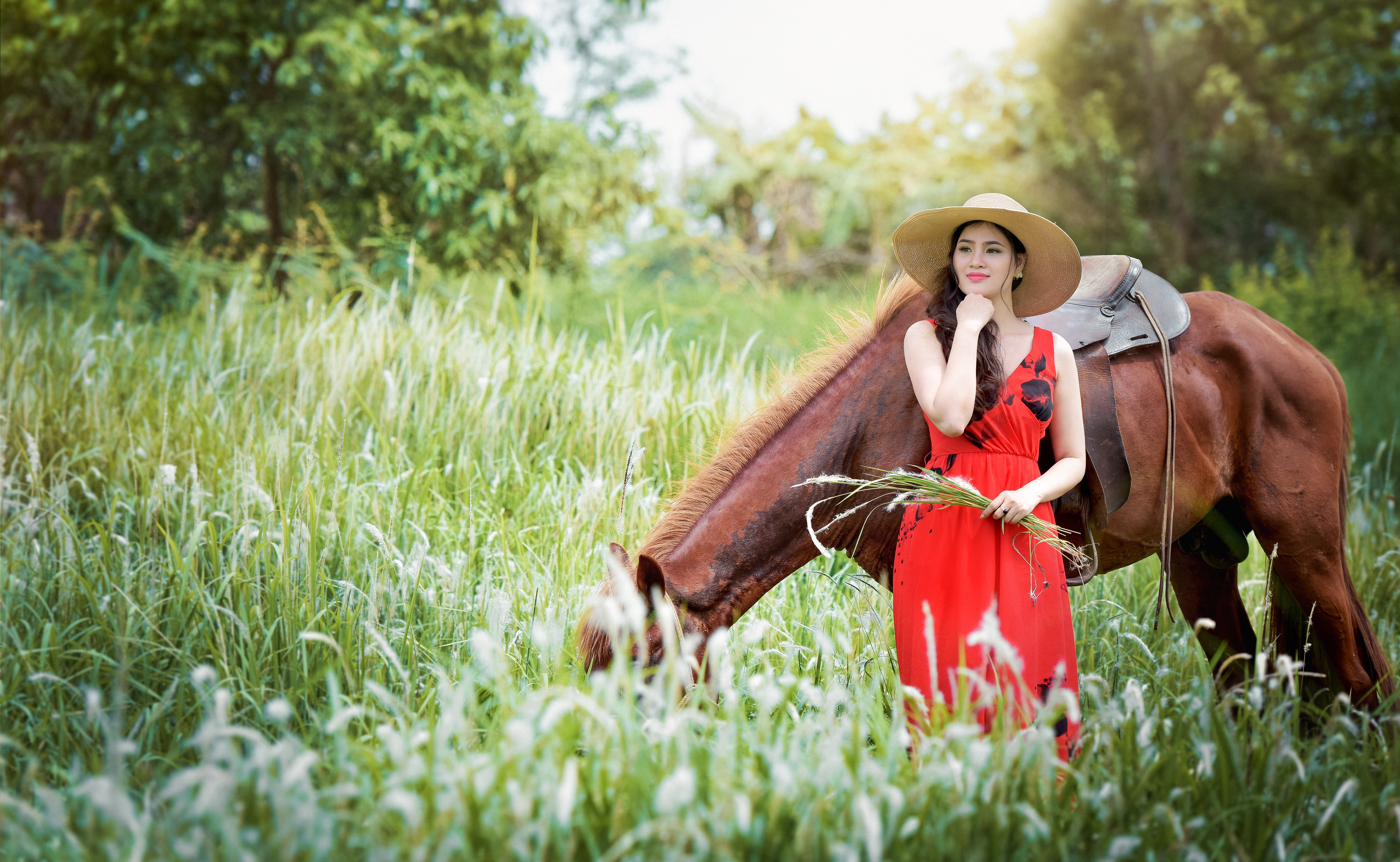 Download mobile wallpaper Grass, Horse, Hat, Brunette, Model, Women, Asian, Red Dress for free.