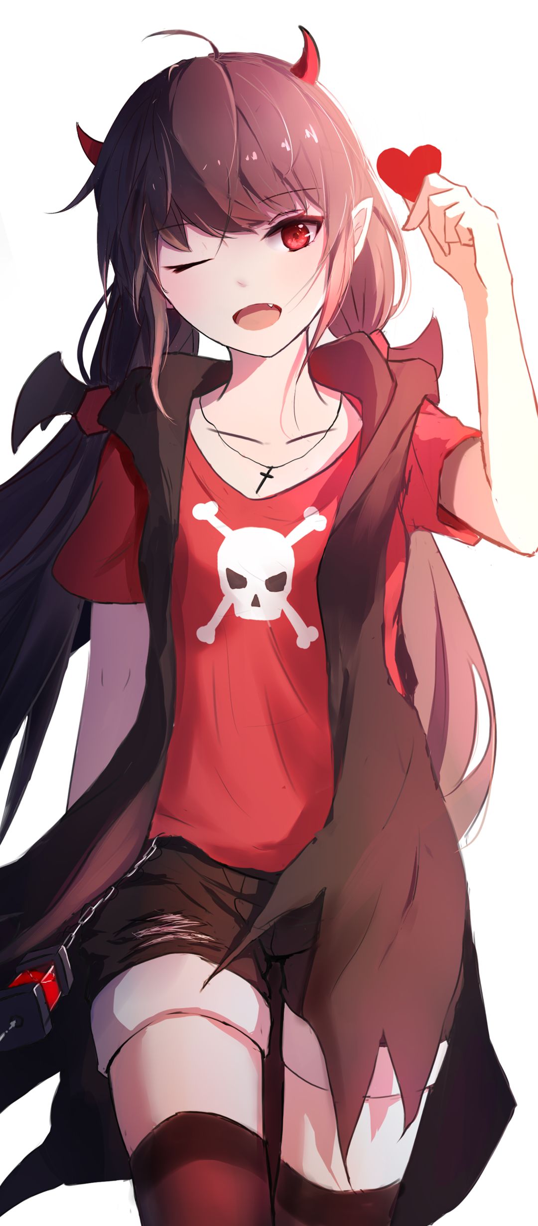 Download mobile wallpaper Anime, Smile, Heart, Shorts, Original, Red Eyes, Black Hair, Long Hair for free.