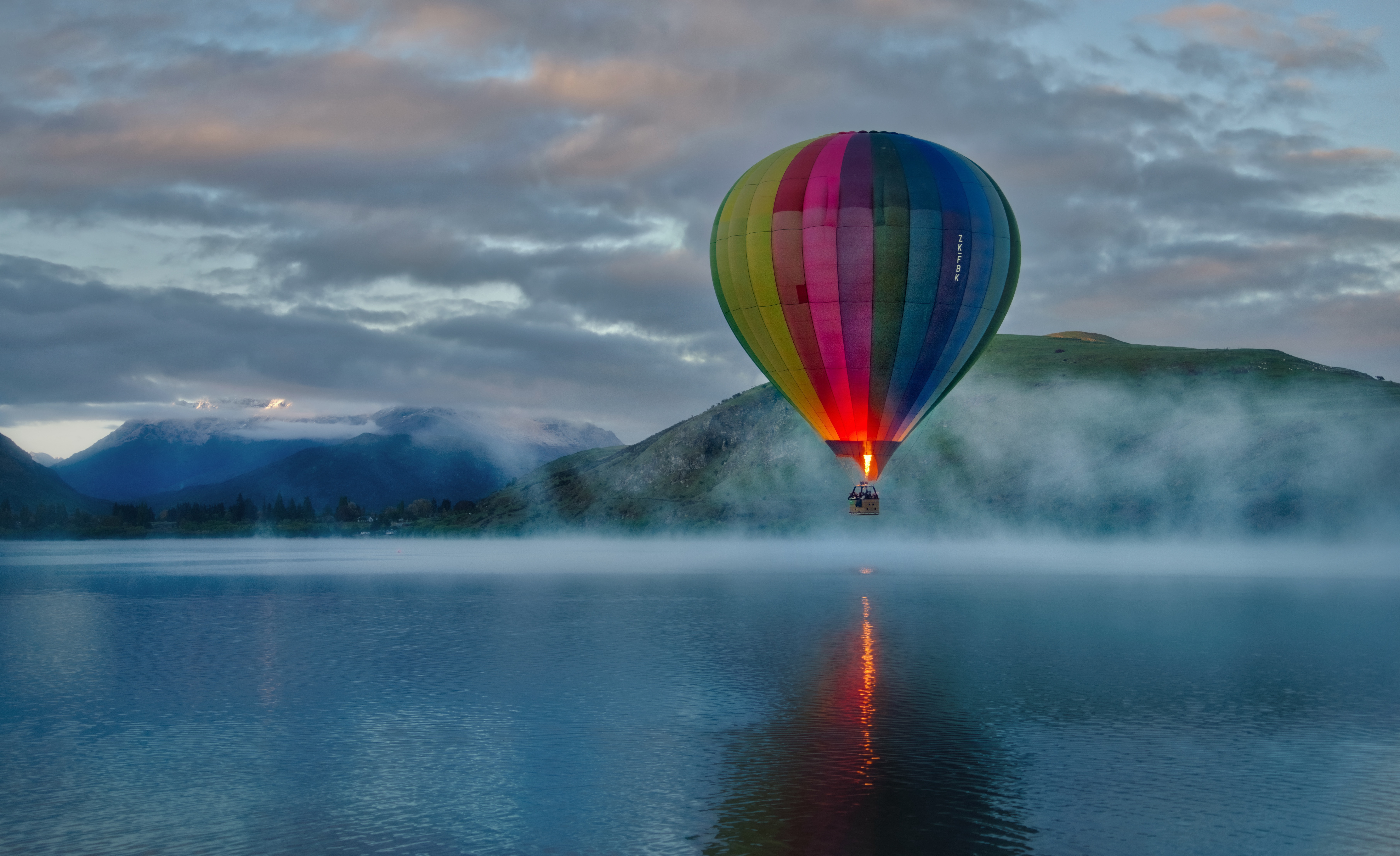Download mobile wallpaper Mountain, Lake, Fog, Cloud, Vehicles, Hot Air Balloon for free.