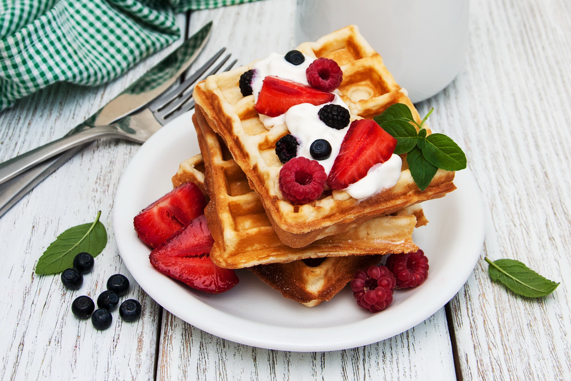 Download mobile wallpaper Food, Strawberry, Blueberry, Still Life, Waffle, Breakfast for free.