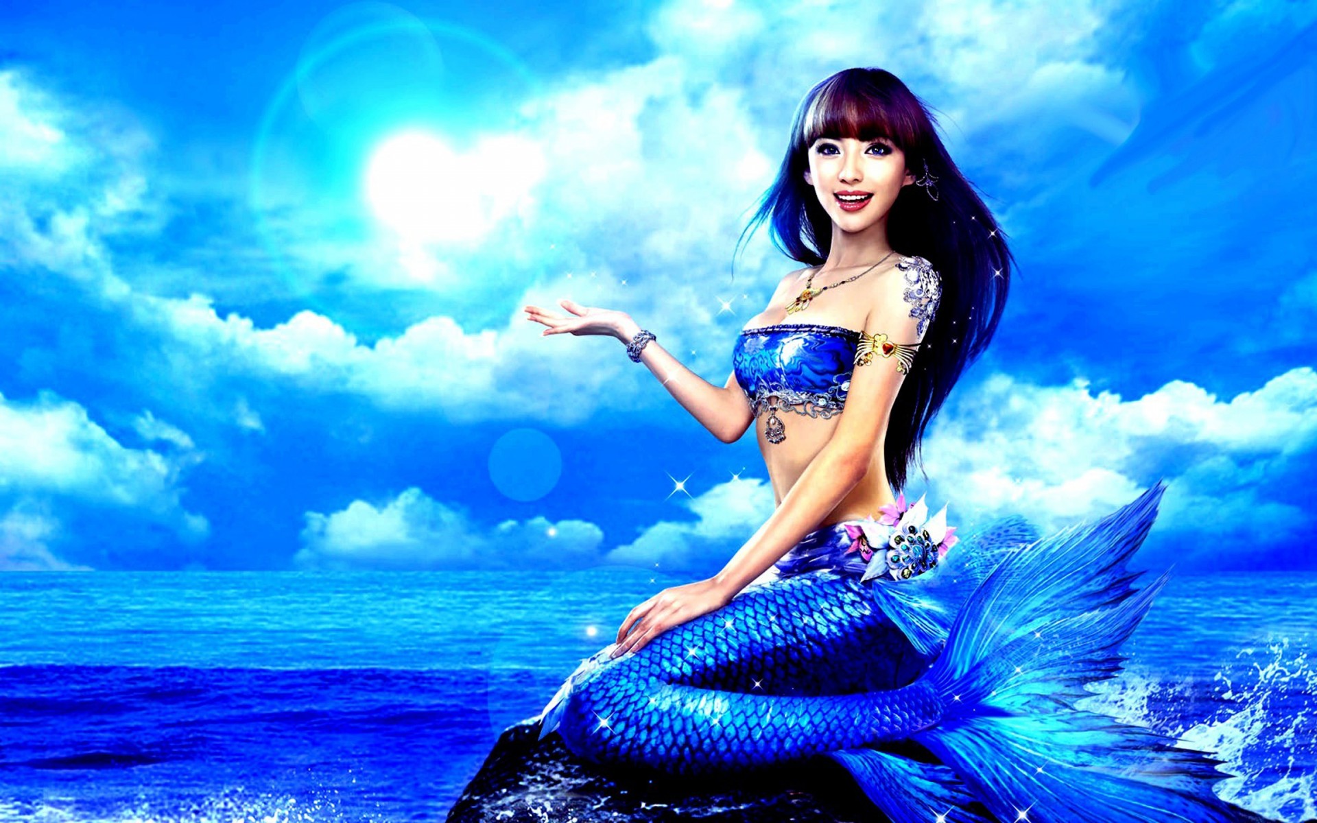 Laden Sie das Fantasie, Ozean, Himmel, Meerjungfrau, Asiatinnen-Bild kostenlos auf Ihren PC-Desktop herunter