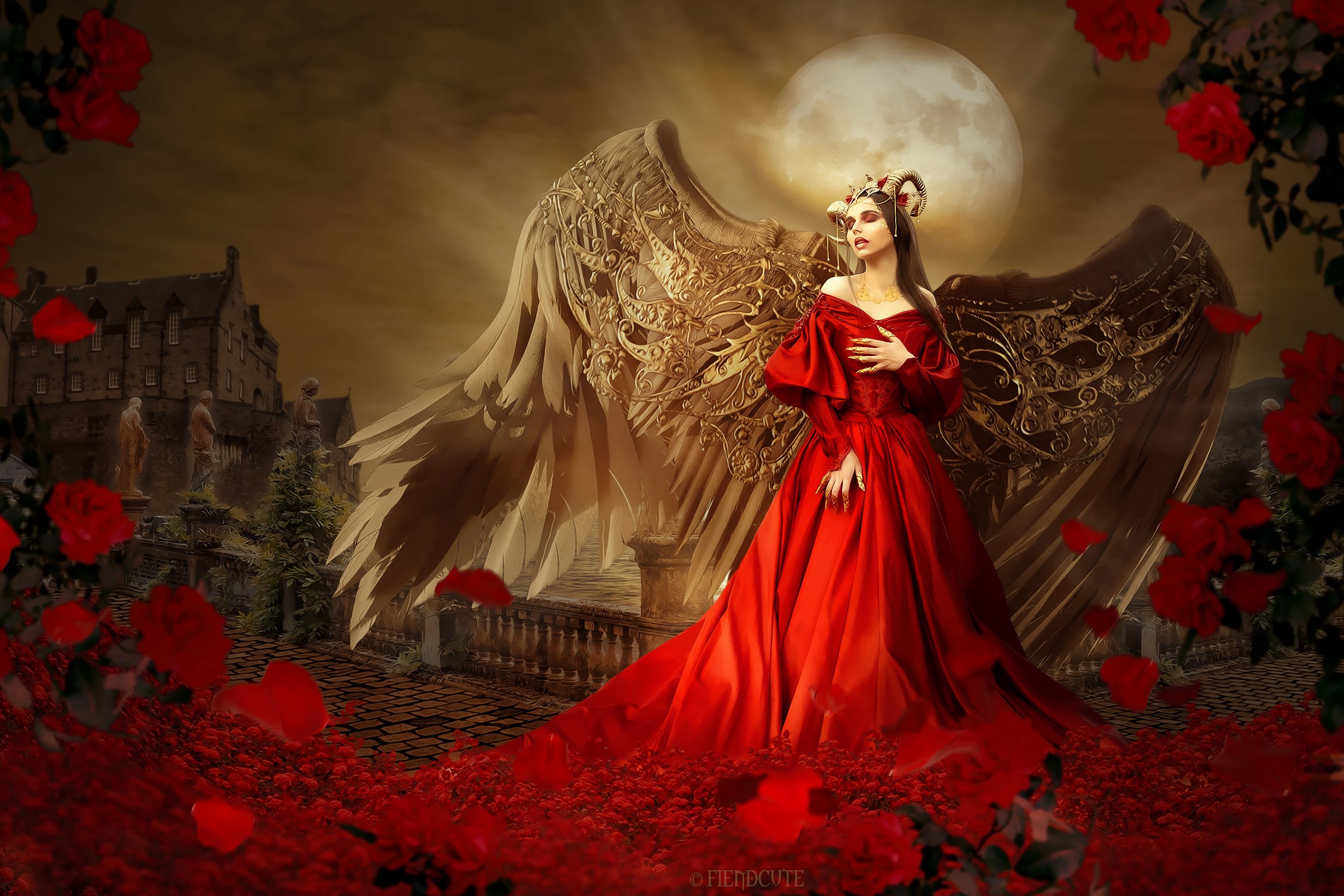Download mobile wallpaper Fantasy, Angel, Horns, Red Dress for free.