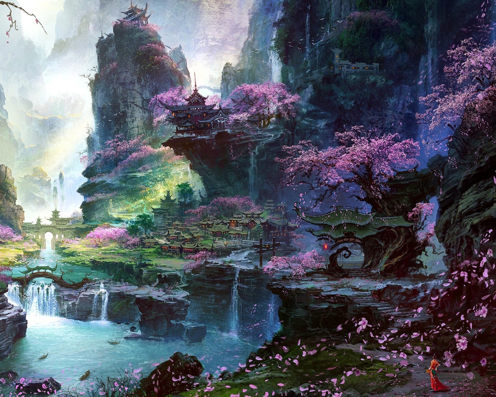 Download mobile wallpaper Landscape, Fantasy, City, Waterfall, Village, Petal, Oriental, Cherry Blossom for free.
