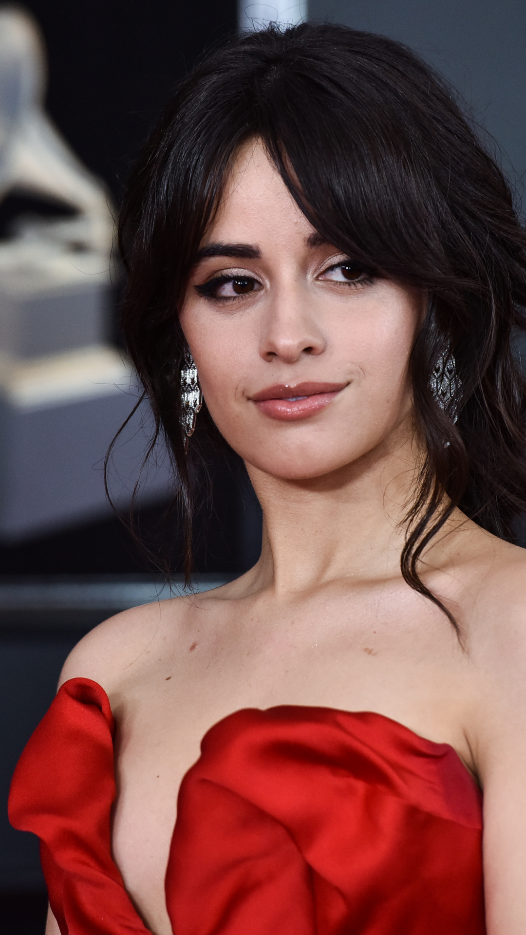 Download mobile wallpaper Music, Singer, Face, American, Brown Eyes, Black Hair, Red Dress, Camila Cabello for free.
