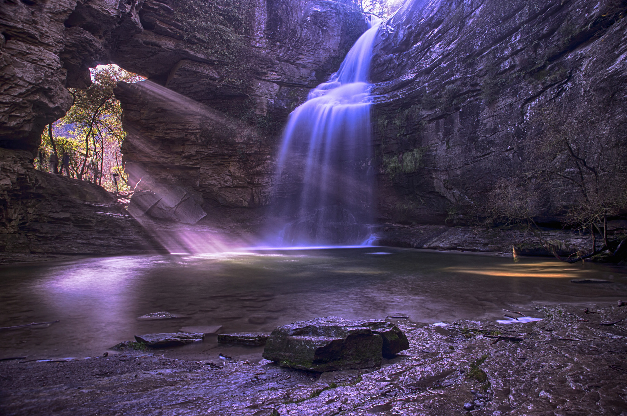 Download mobile wallpaper Nature, Waterfalls, Waterfall, Earth, Stream, Cave, Sunbeam for free.