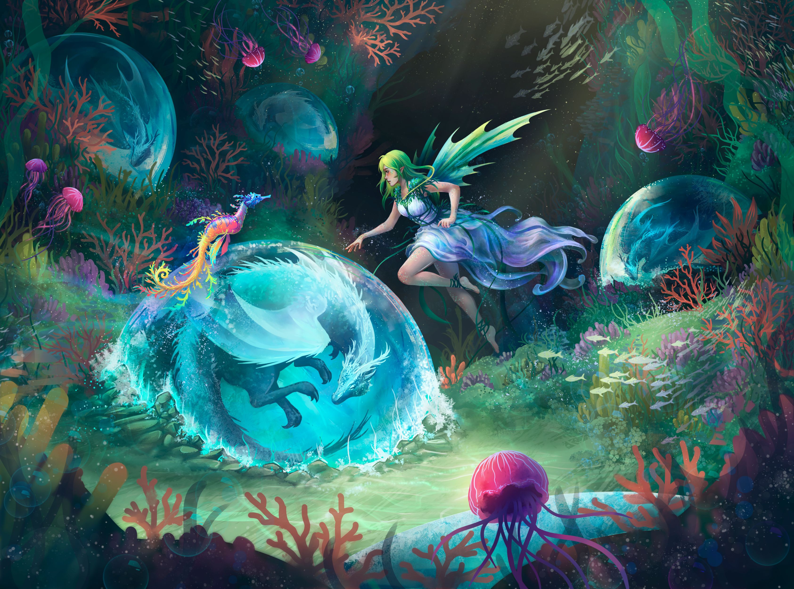 Download mobile wallpaper Fantasy, Dragon, Green Hair, Underwater, Fairy, Seahorse for free.