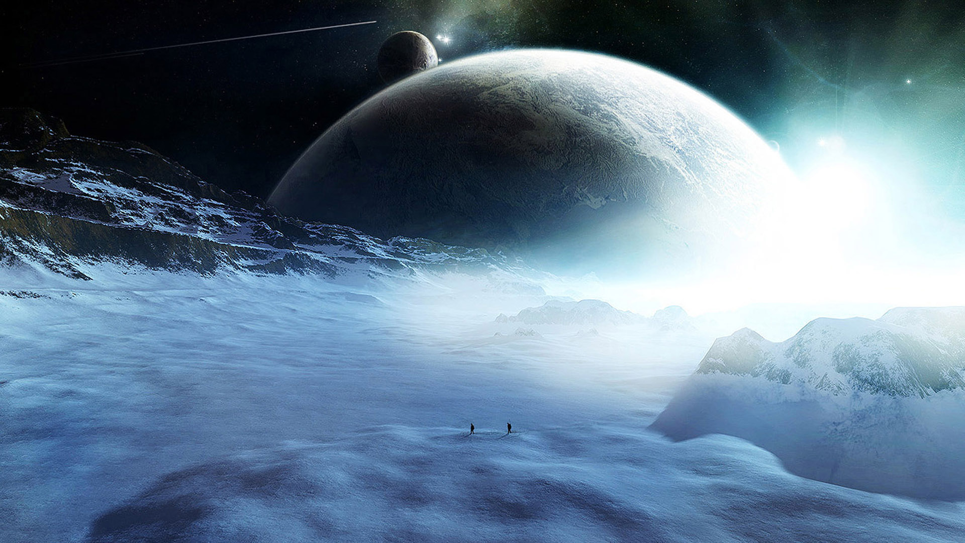 snow, ice, planet, space, sci fi, planet rise, atmosphere, blue, stars, travelers (tv show)