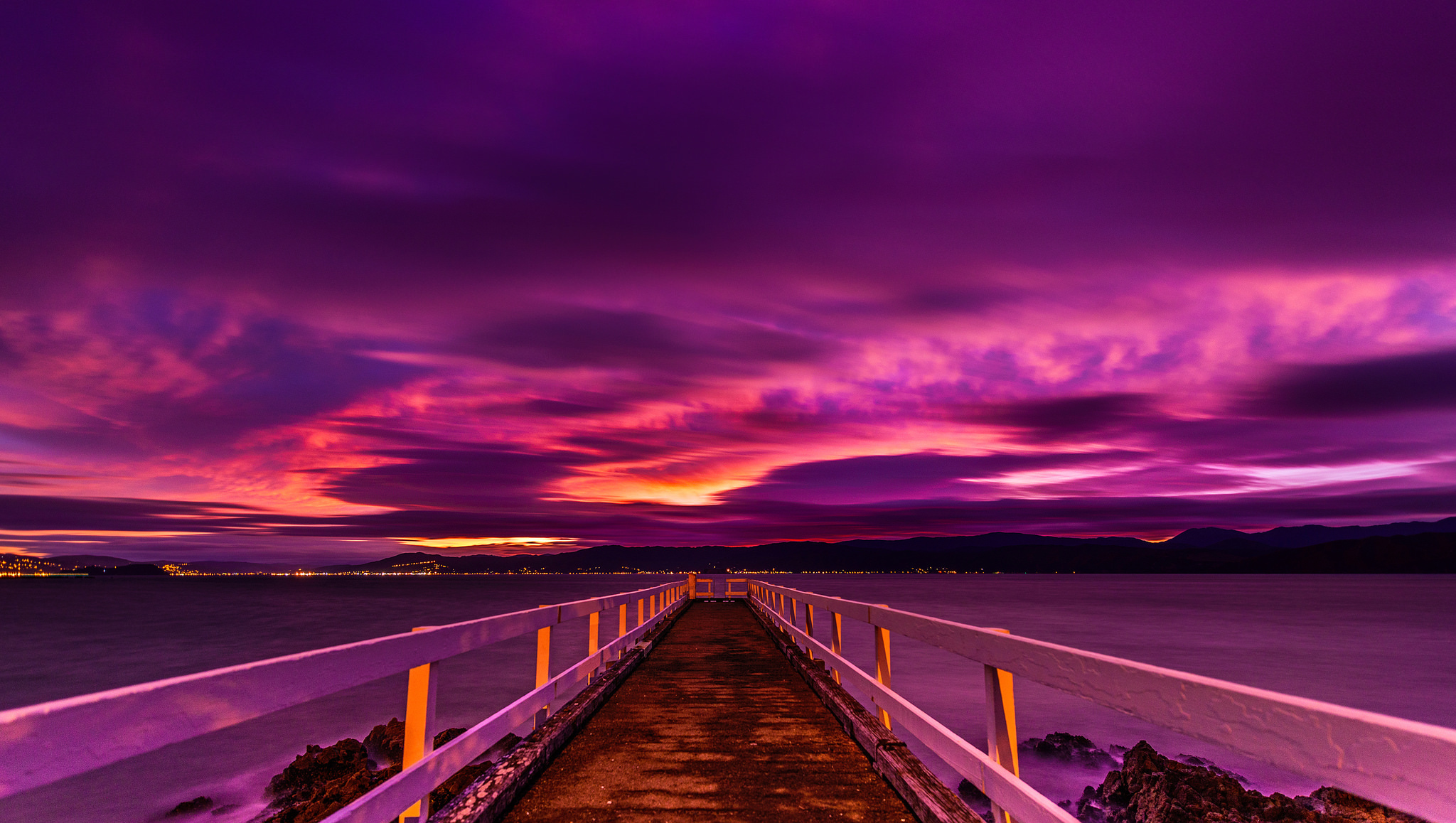 Download mobile wallpaper Sunset, Sky, Horizon, Pier, Purple, Cloud, Man Made for free.