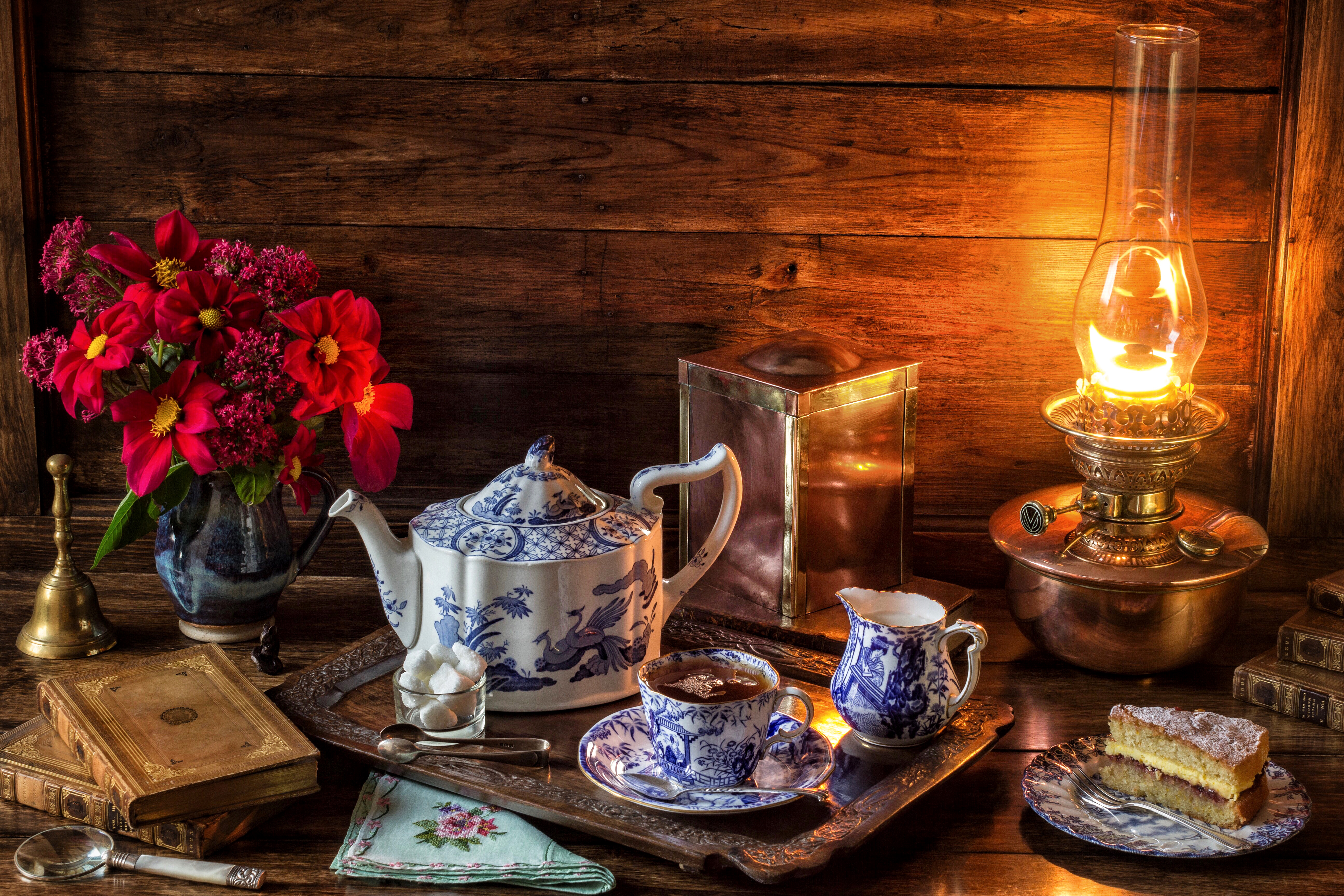 flower, photography, still life, book, cake, lantern, tea, teapot