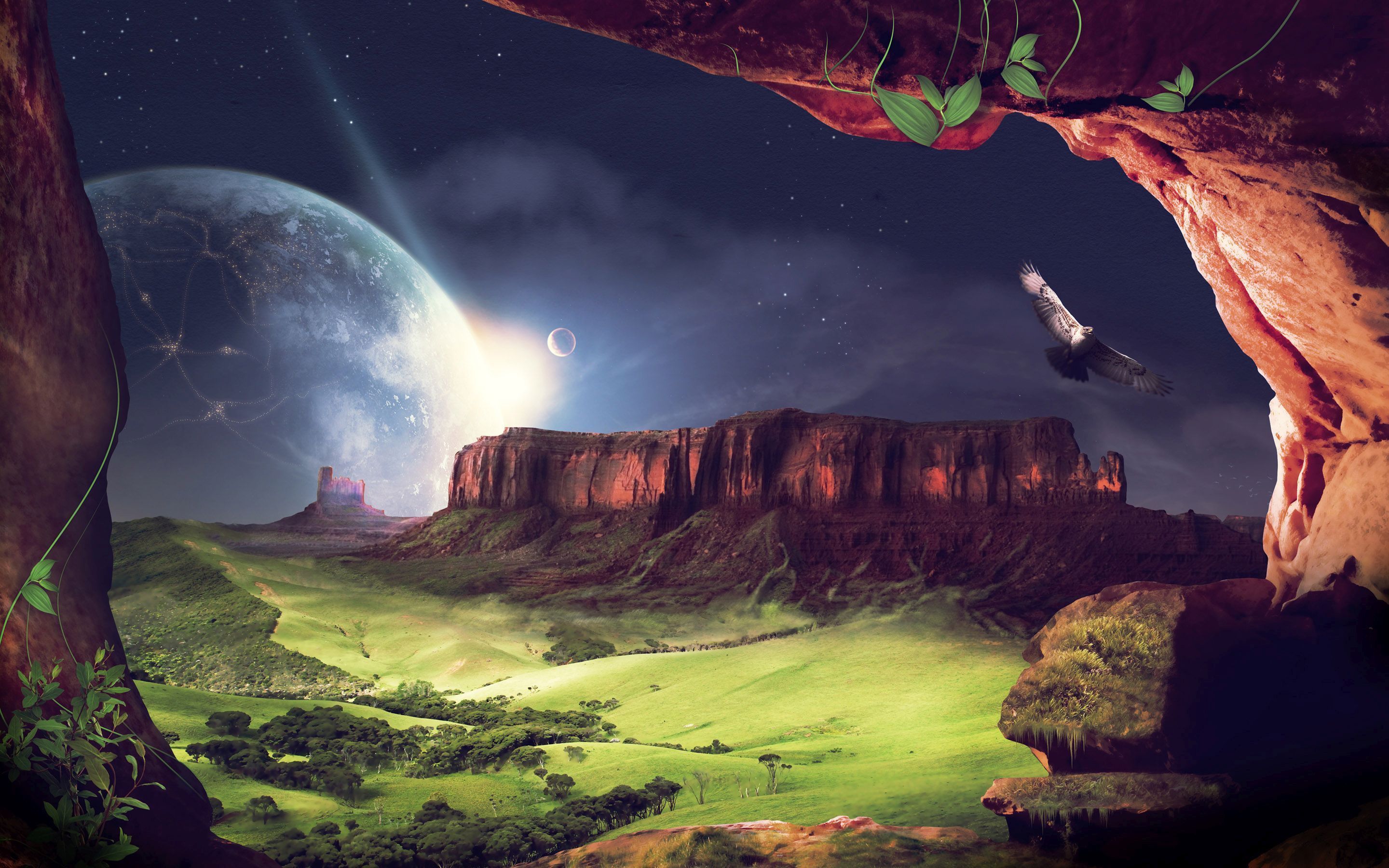 Download mobile wallpaper Landscape, Fantasy, Night, Moon, Sci Fi for free.