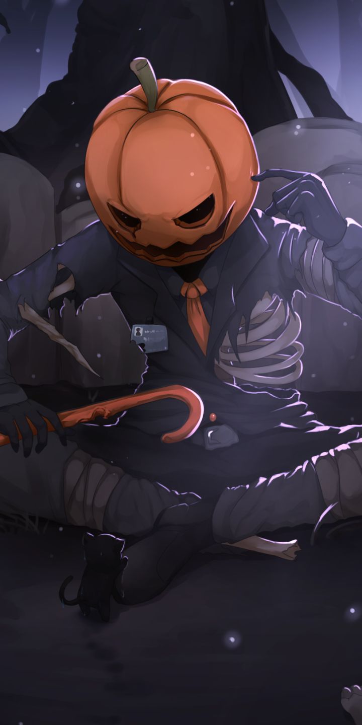 Download mobile wallpaper Anime, Halloween, Skeleton, Original, Pumpkinhead for free.