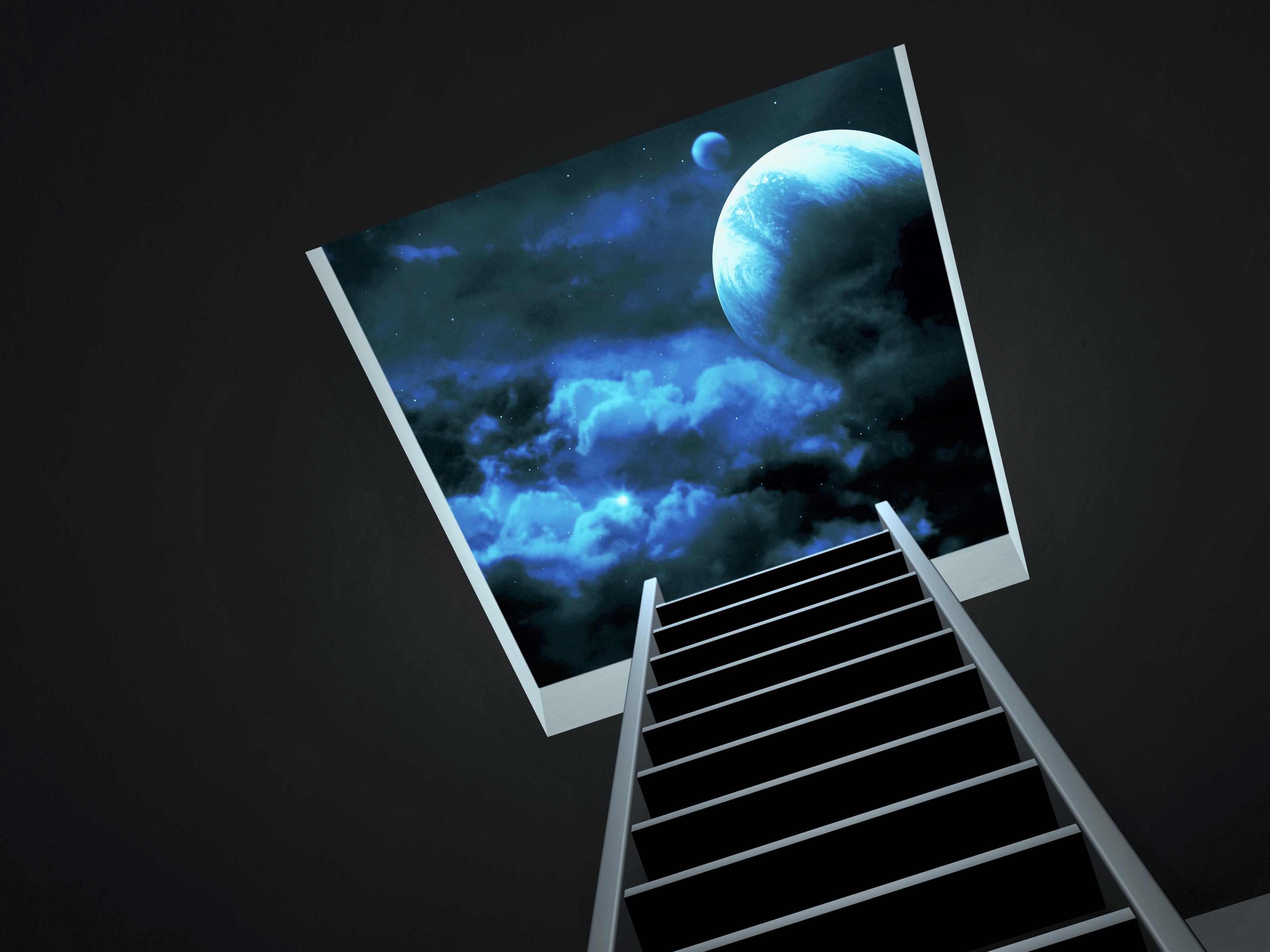 ladder, artistic, space, blue, cloud, planet, sky