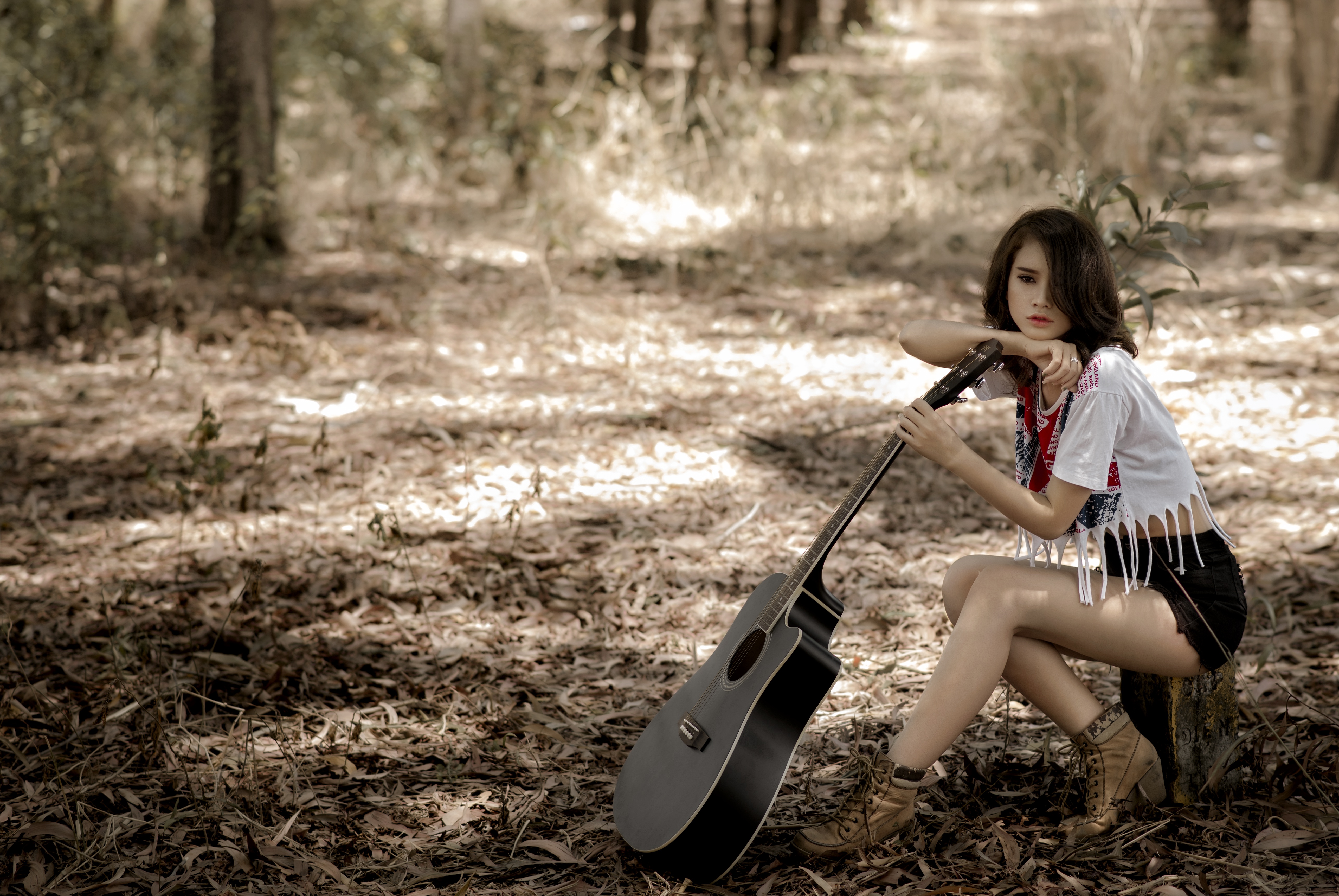 Download mobile wallpaper Guitar, Brunette, Model, Women, Asian, Brown Eyes, Depth Of Field for free.