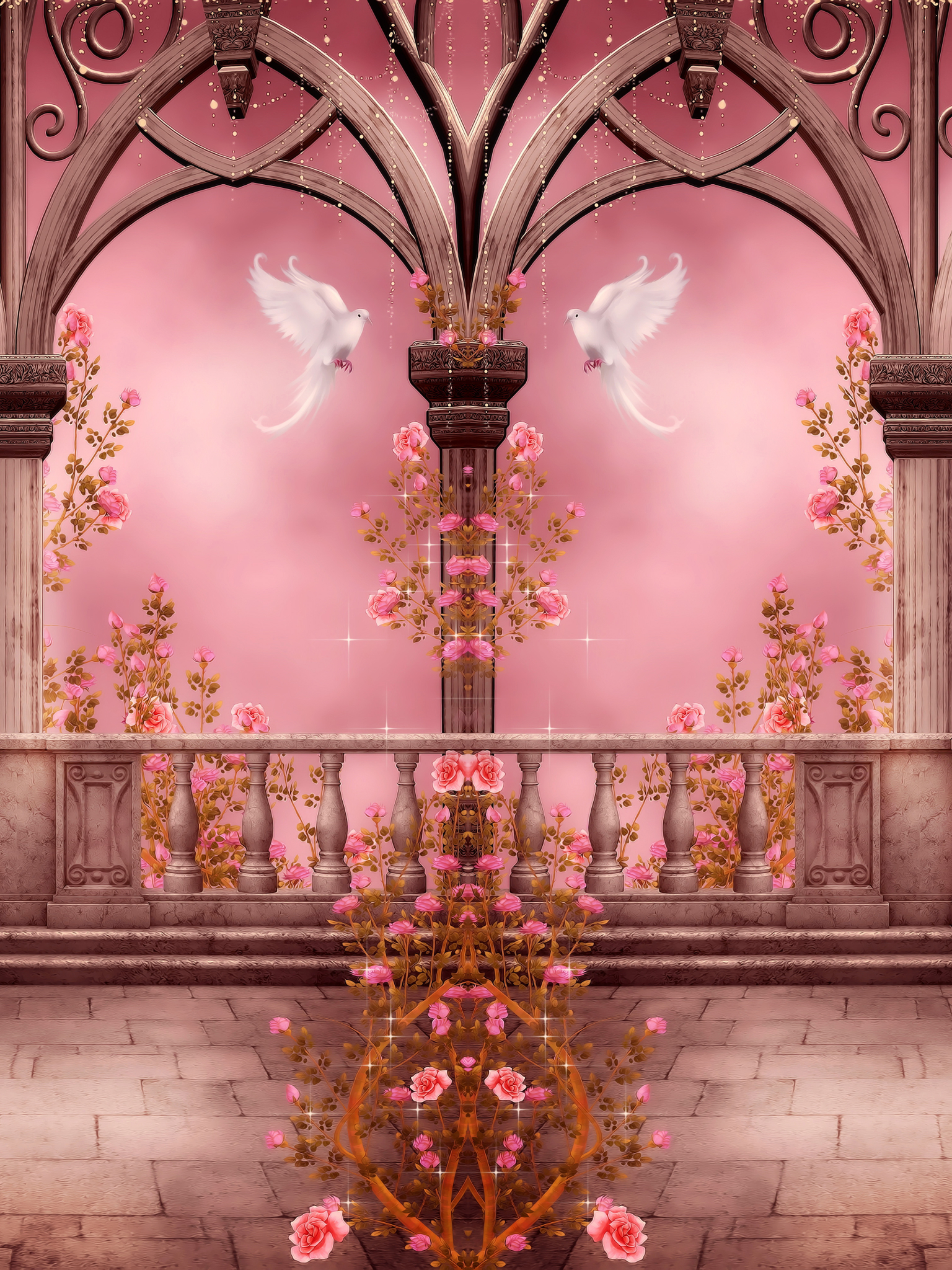 Handy-Wallpaper Fantasie, Rosa, Rose, Bogen, Taube, Säulen, Künstlerisch, Felsentor, Pinke Rose kostenlos herunterladen.