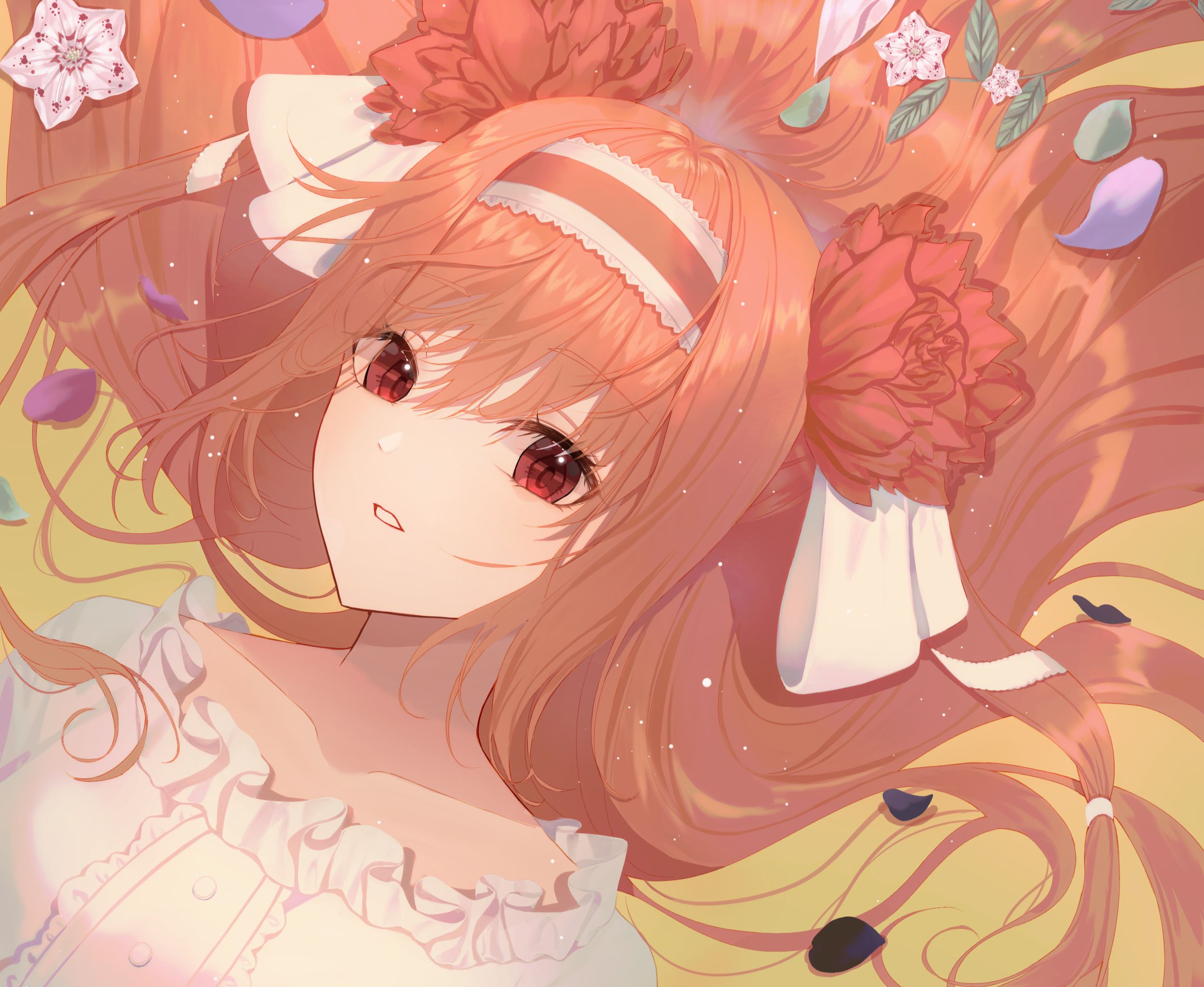 Download mobile wallpaper Anime, Flower, Original, Red Eyes, Brown Hair for free.
