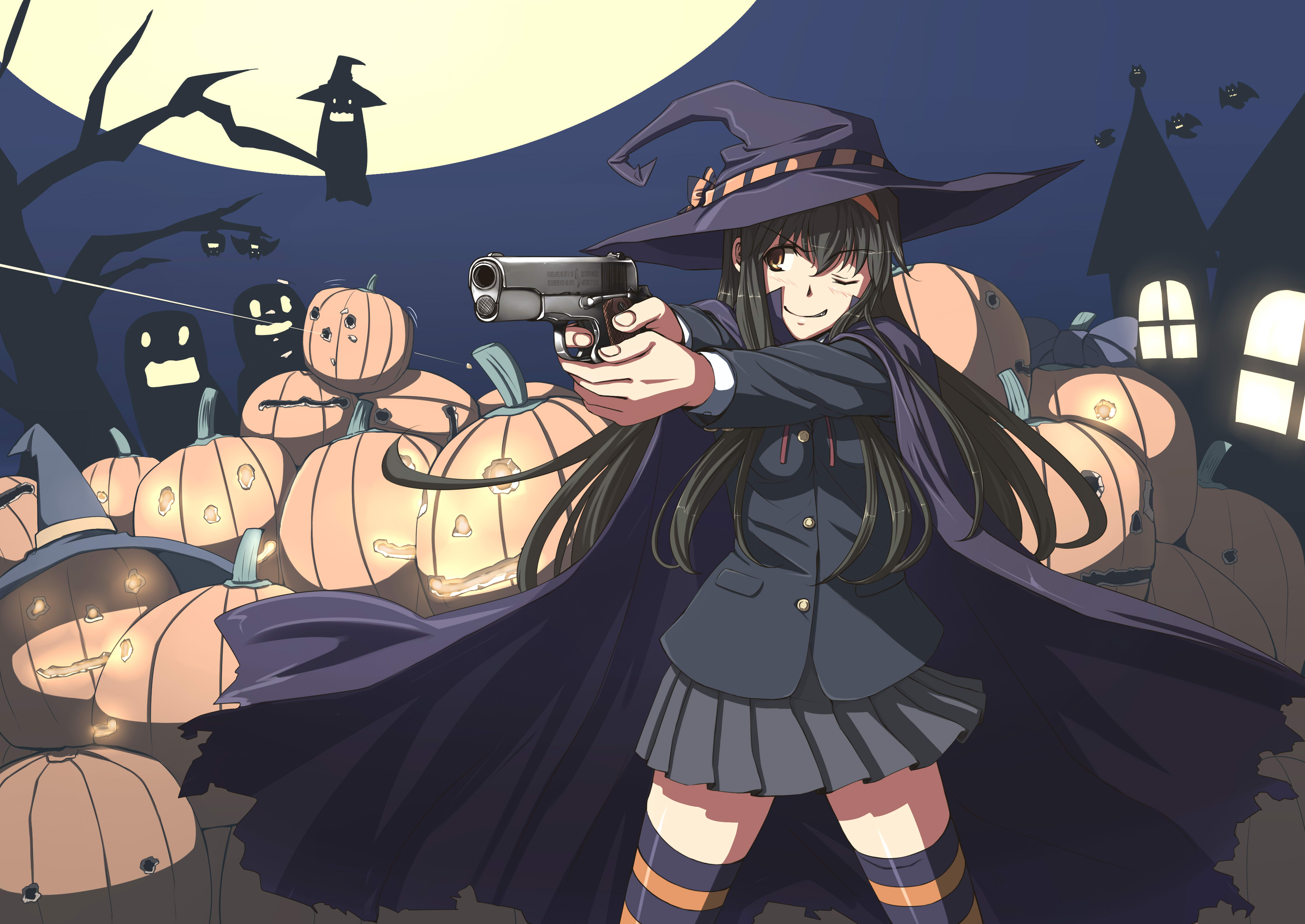 Download mobile wallpaper Anime, Halloween, Pumpkin, Original, Pistol for free.