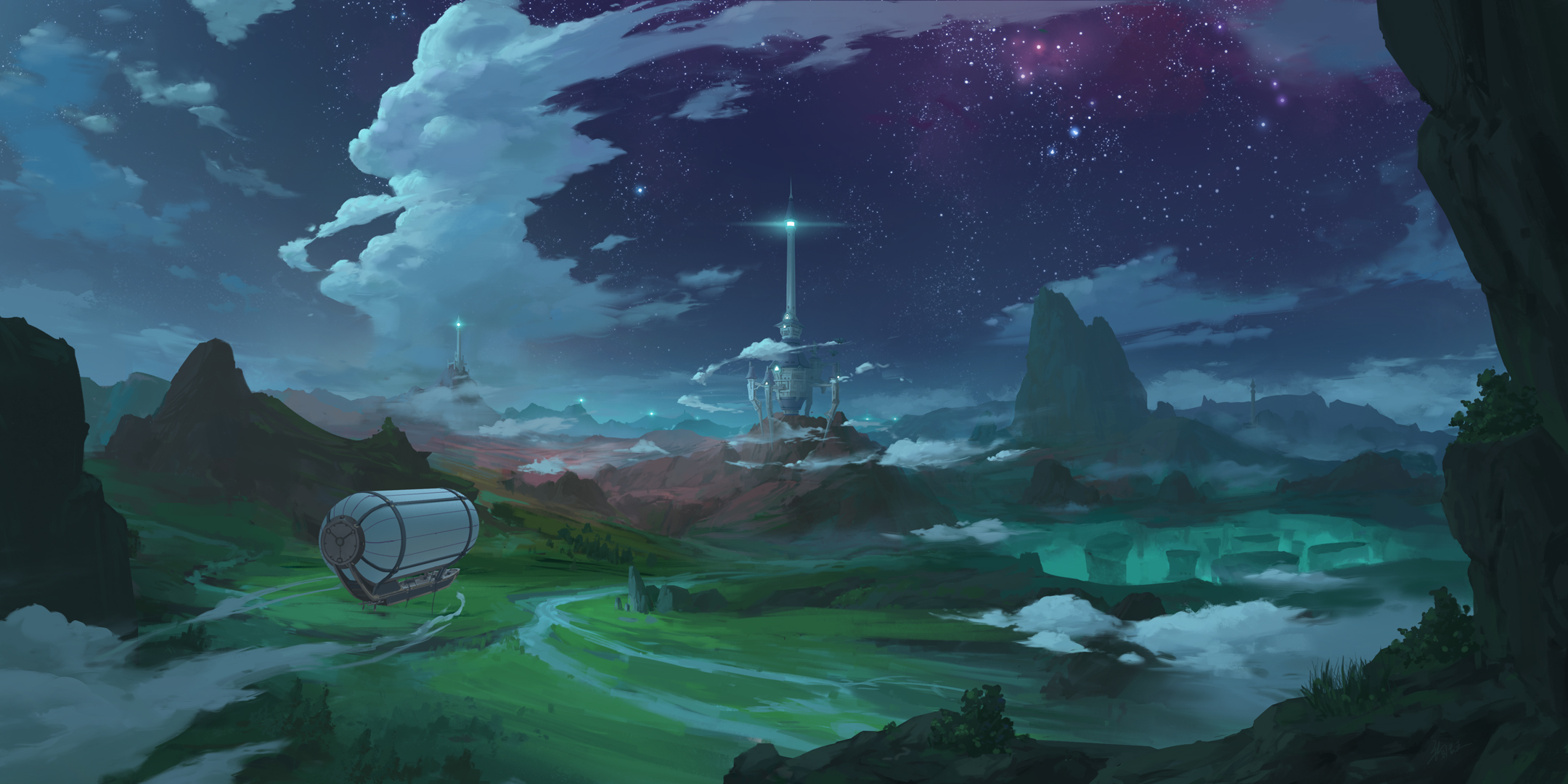 Free download wallpaper Anime, Landscape, Sky, Night, Starry Sky, Cloud on your PC desktop