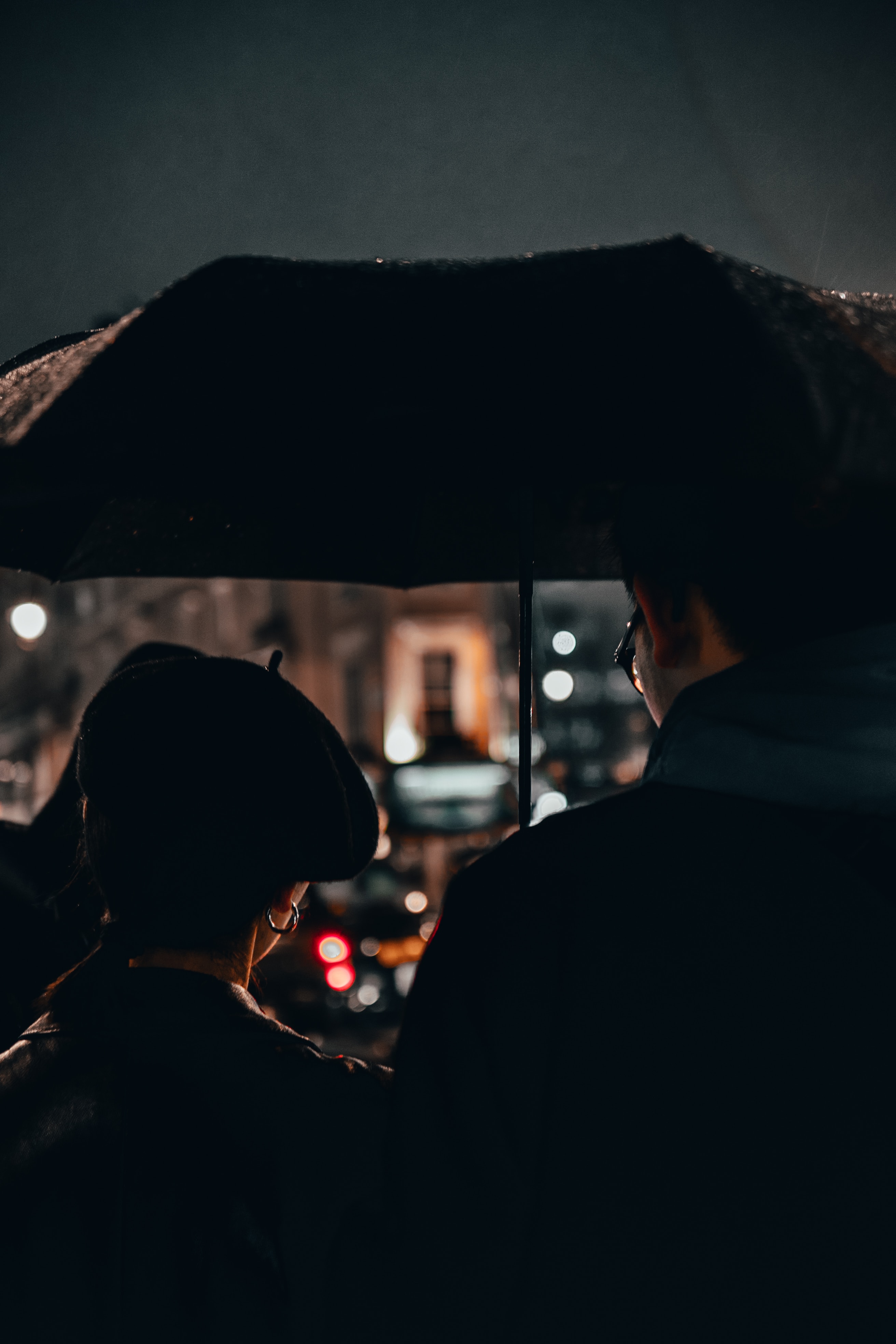 rain, love, dark, couple, pair, umbrella