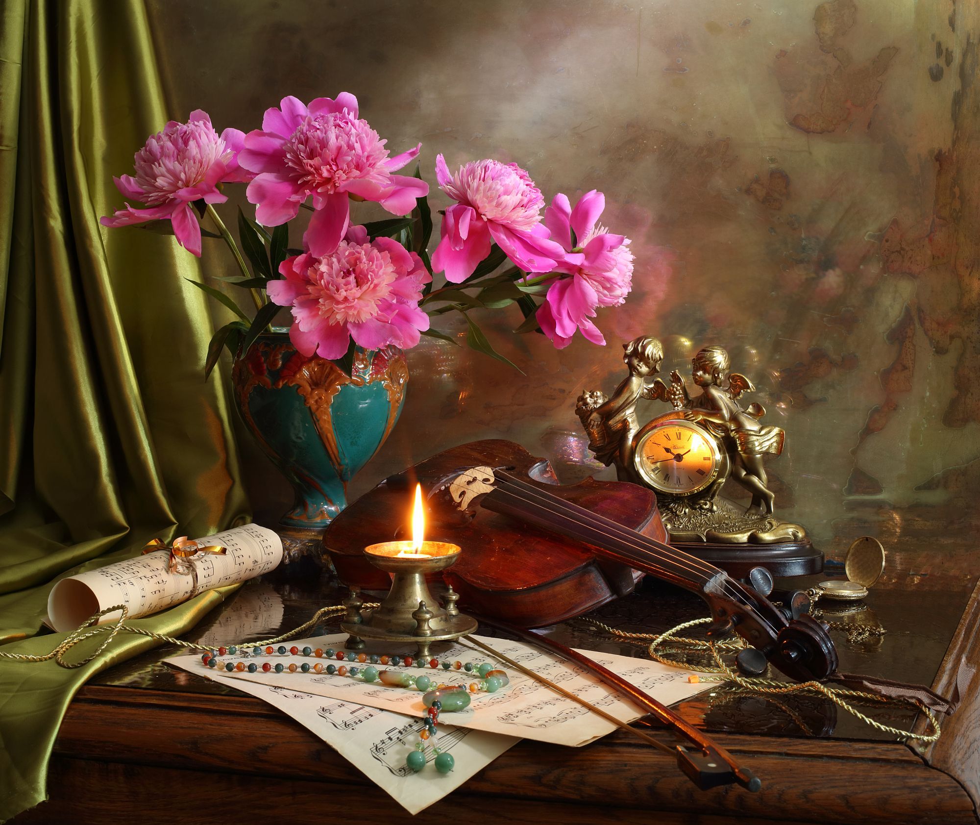 photography, still life, candle, flower, pink flower, sheet music, violin