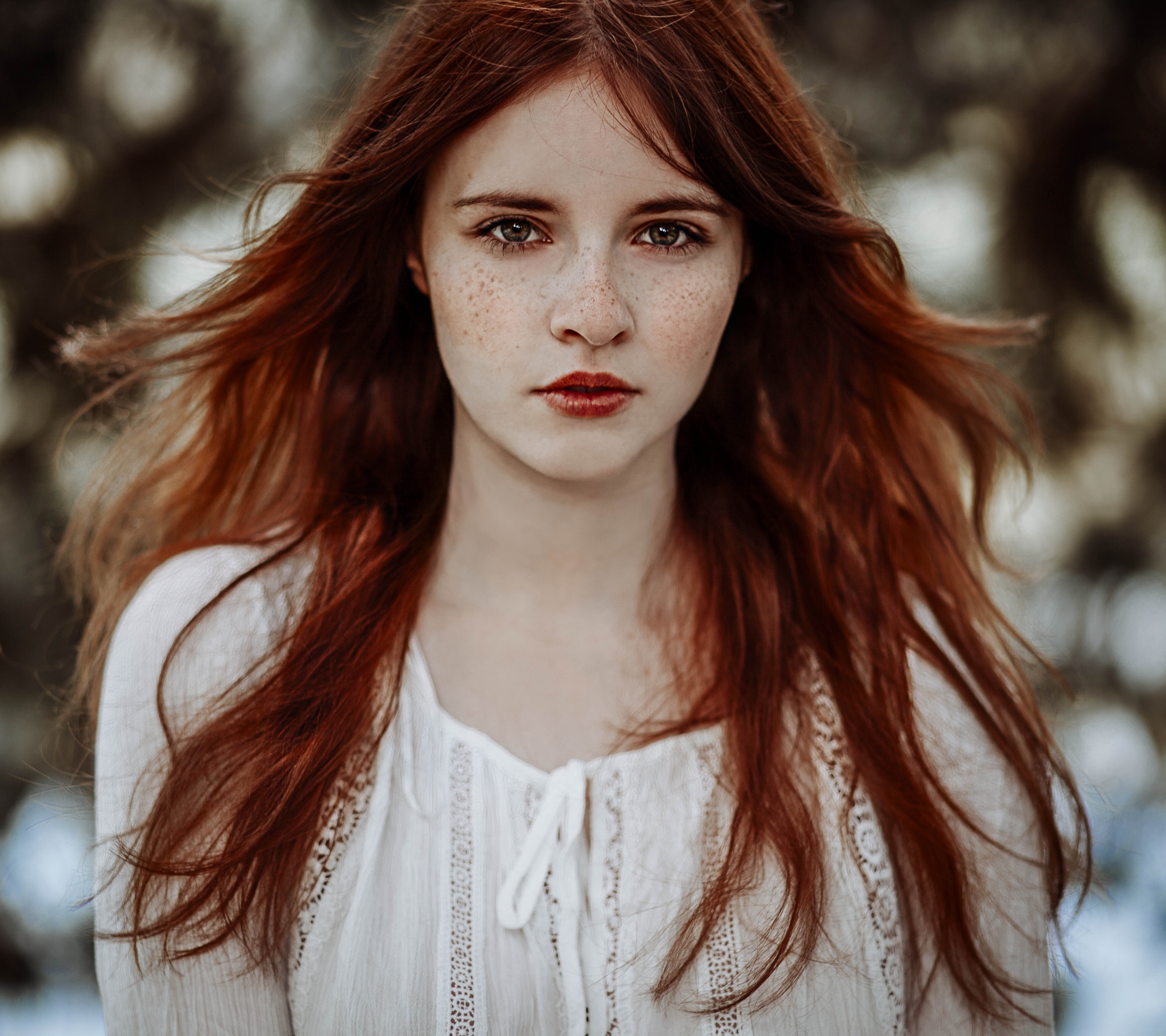 Download mobile wallpaper Redhead, Bokeh, Model, Women, Freckles, Brown Eyes for free.