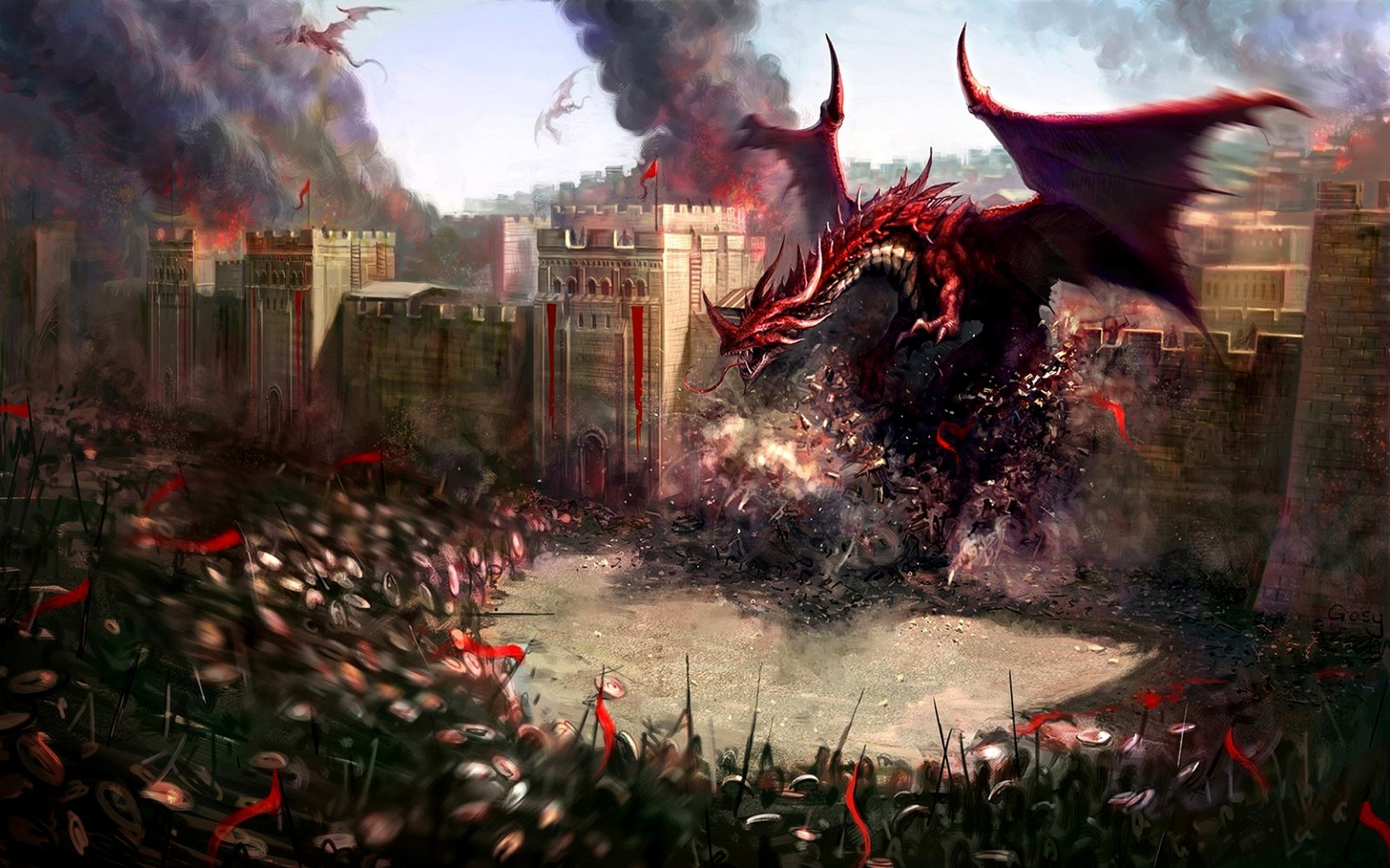 fantasy, dragon, army, battle, city