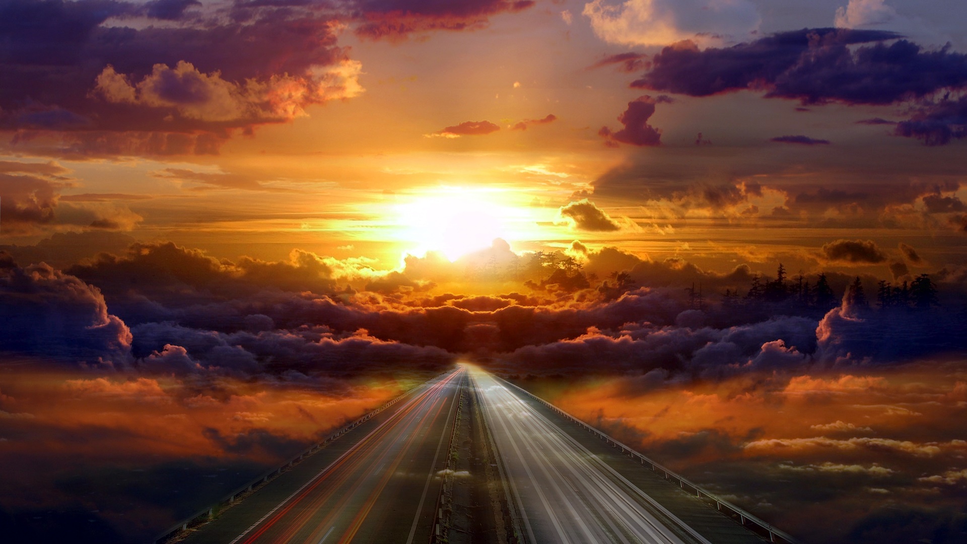 Download mobile wallpaper Sunset, Sky, Road, Cloud, Photography, Man Made, Manipulation for free.
