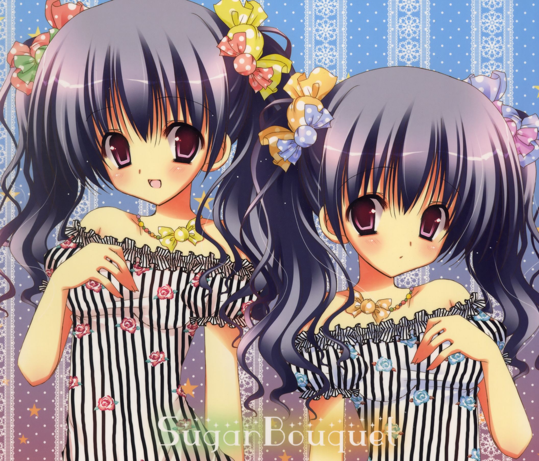 Download mobile wallpaper Anime, Flower, Smile, Original, Blush, Red Eyes, Long Hair, Twintails, Purple Hair for free.