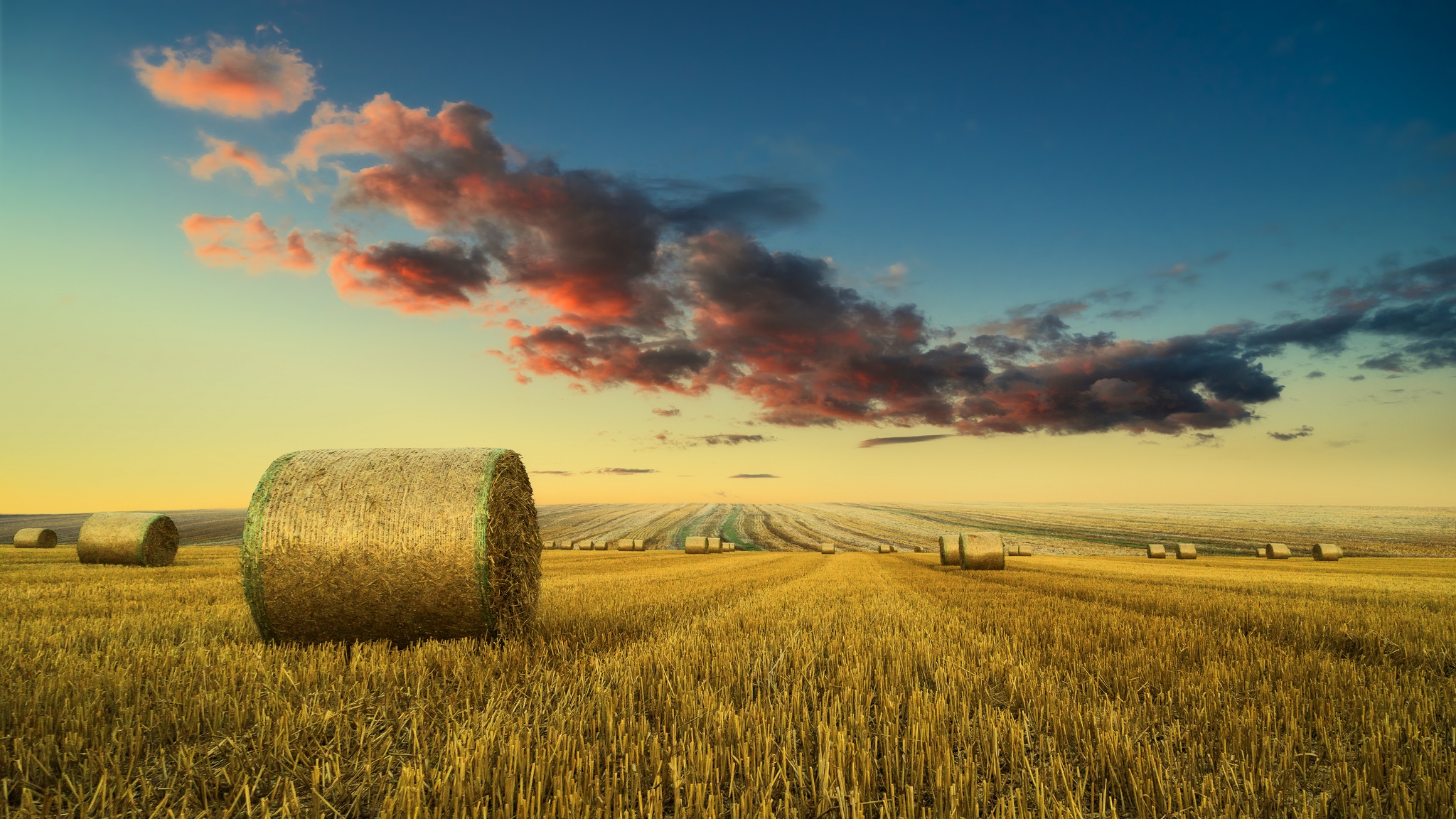 Download mobile wallpaper Nature, Sky, Summer, Horizon, Earth, Field, Cloud, Haystack for free.
