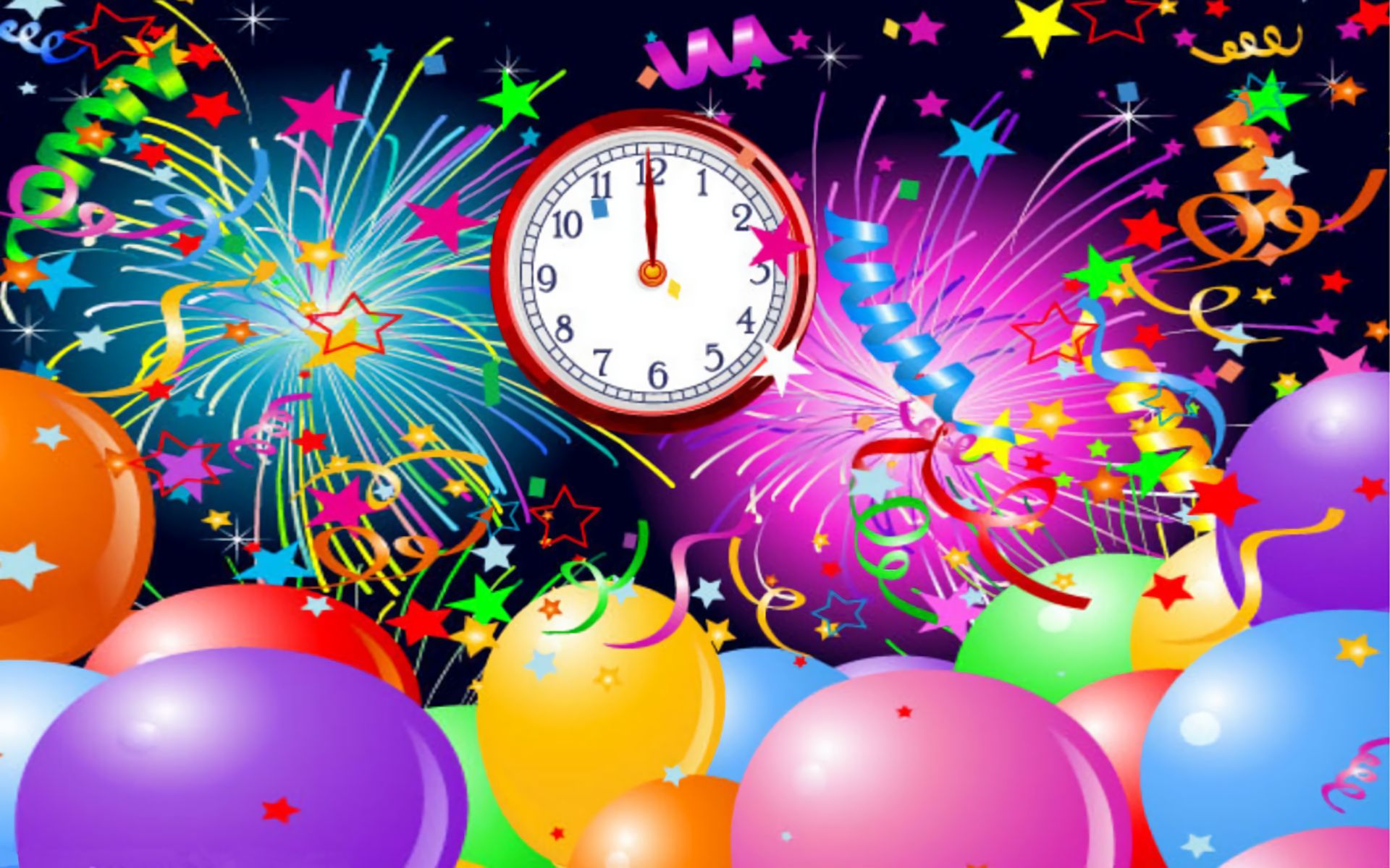 802744 скачать картинку новый год, часы, праздничные, воздушный шар, красочный, конфетти - обои и заставки бесплатно
