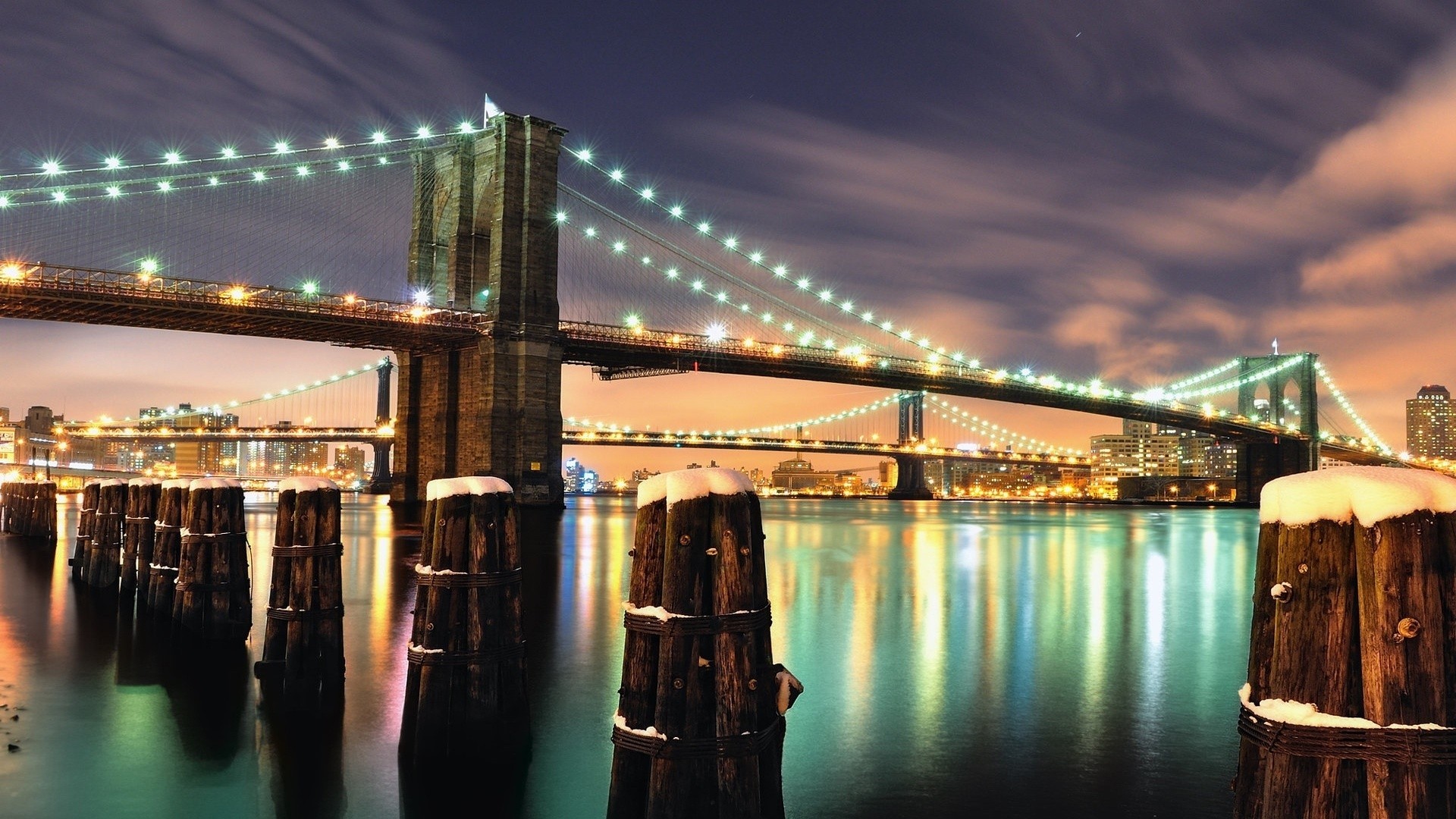 Скачать обои бесплатно Ночь, Легкий, Бруклинский Мост, Сделано Человеком картинка на рабочий стол ПК