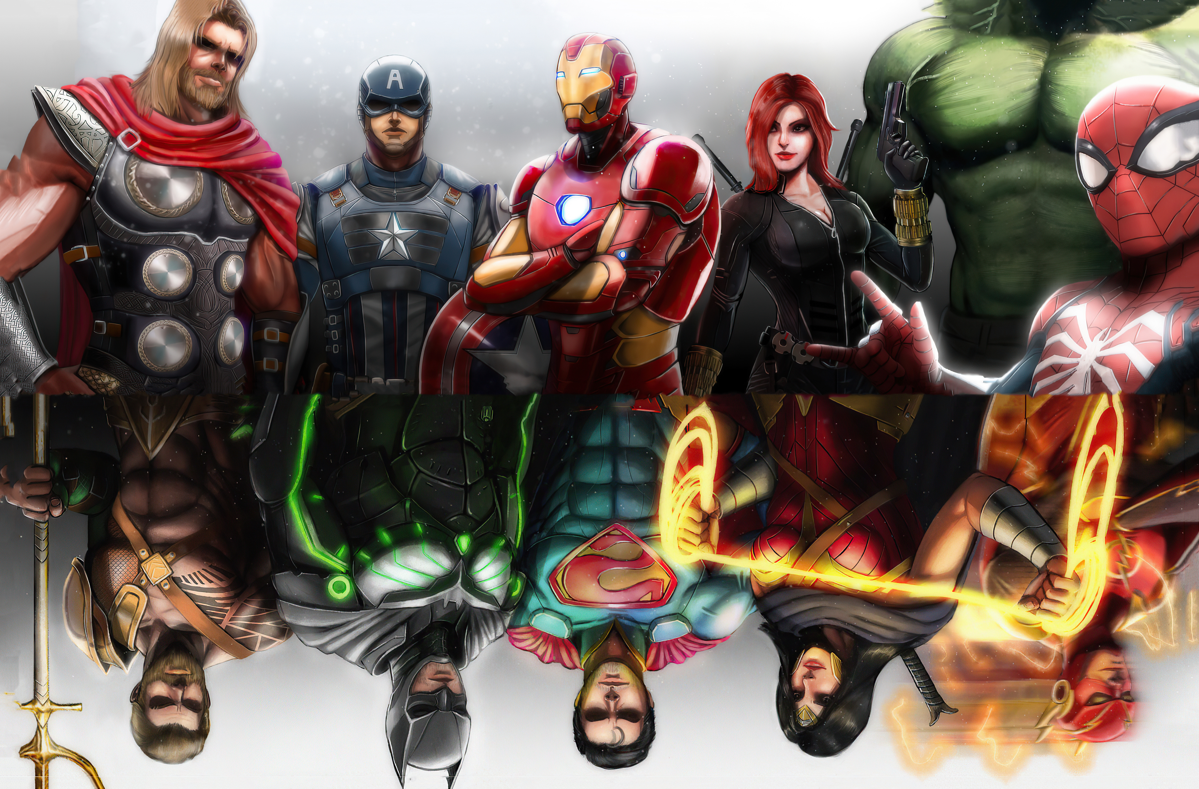 comics, crossover, aquaman, avengers, batman, black widow, captain america, dc comics, flash, hulk, iron man, justice league, lasso of truth, spider man, superman, thor, wonder woman