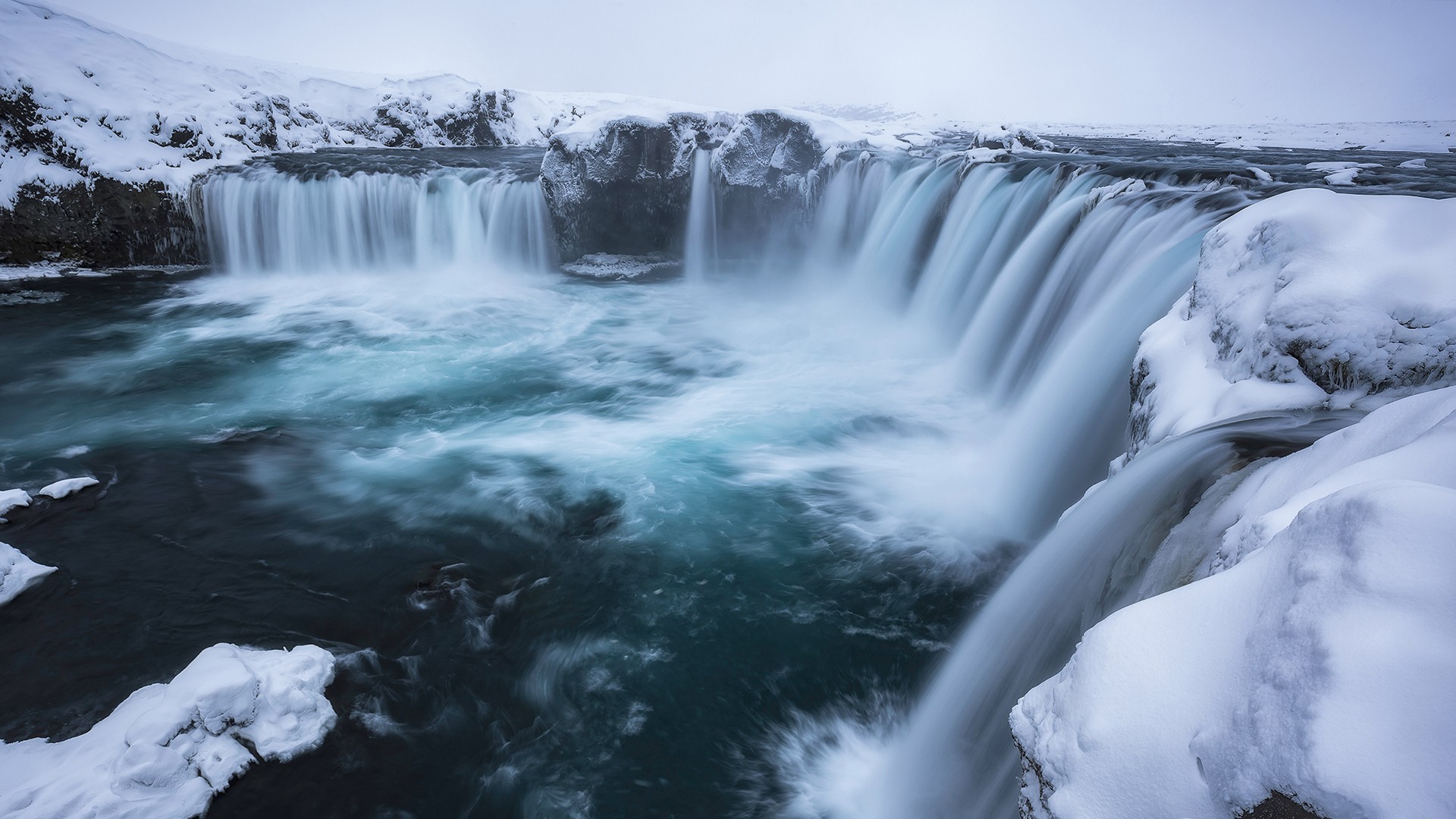 428162 завантажити картинку ісландія, земля, годафосс, лід, природа, сніг, вода, водоспад, зима, водоспади - шпалери і заставки безкоштовно