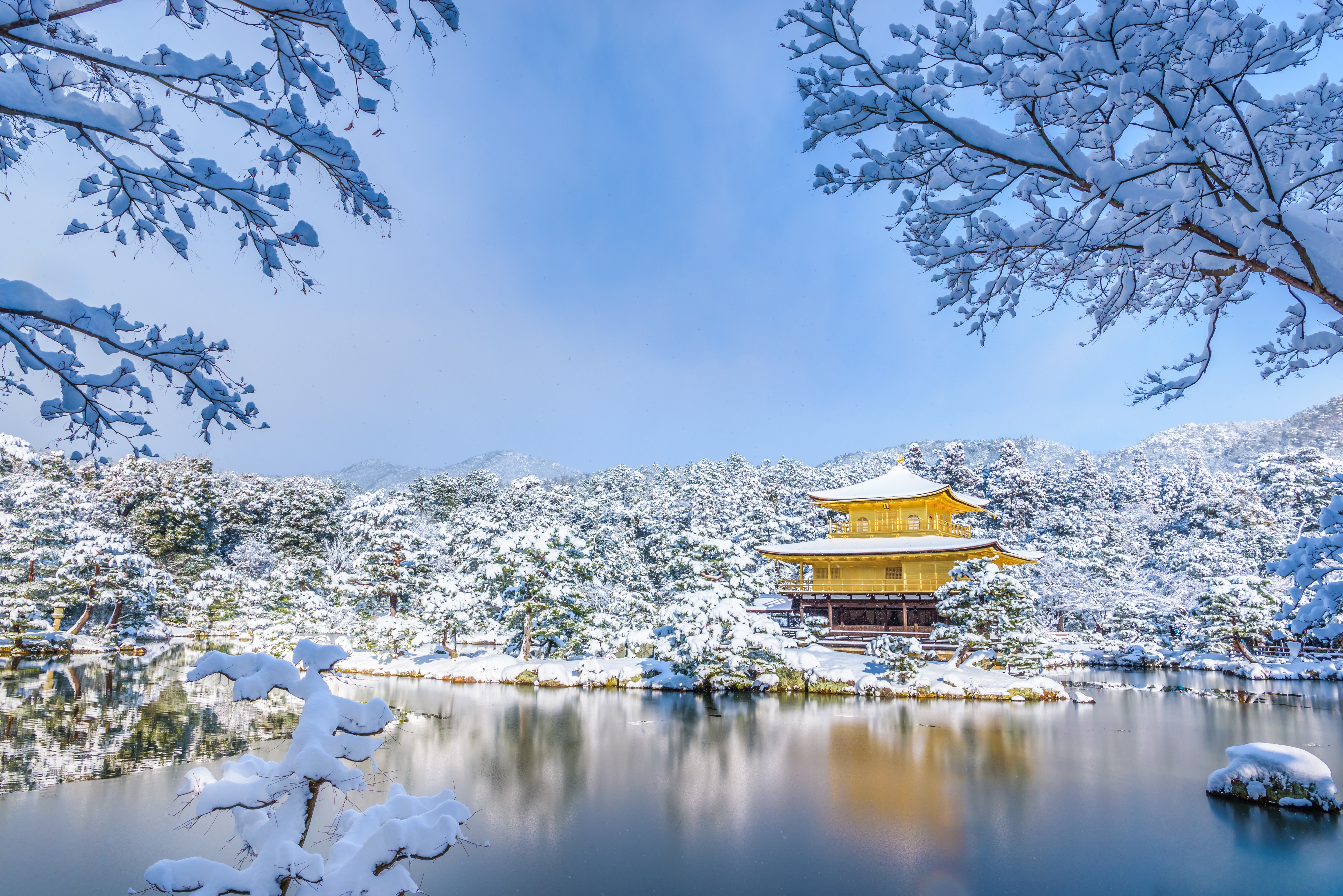 Download mobile wallpaper Winter, Snow, Reflection, Park, Pagoda, Religious for free.