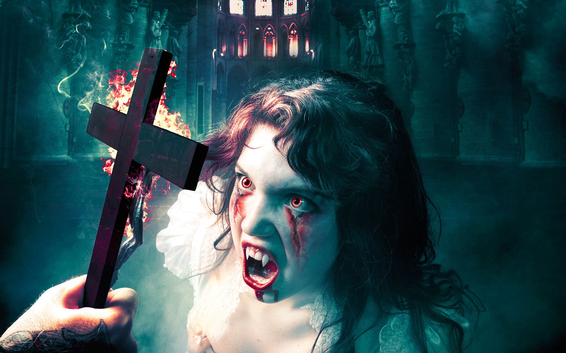 Laden Sie das Düster, Kreuz, Vampir, Reißzähne-Bild kostenlos auf Ihren PC-Desktop herunter