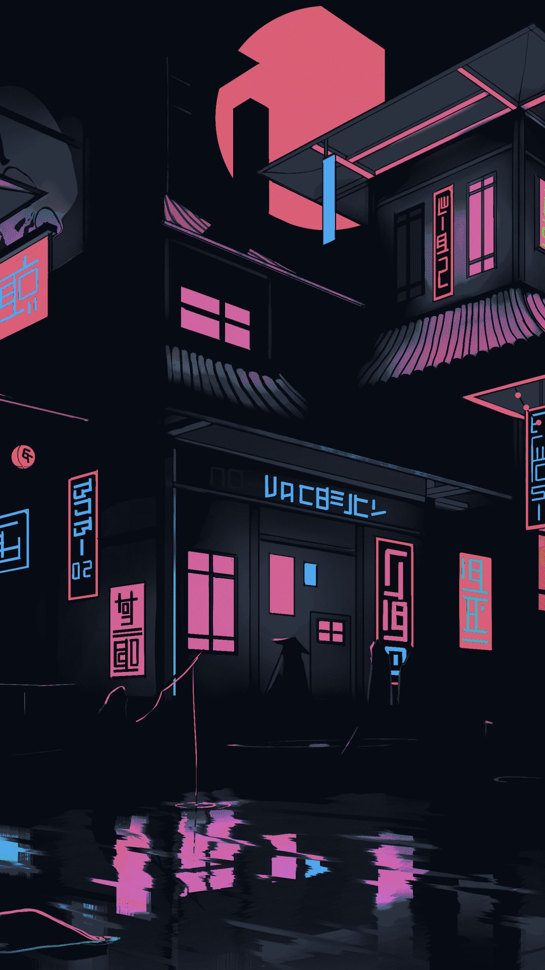 Download mobile wallpaper Night, Building, Neon, Artistic for free.