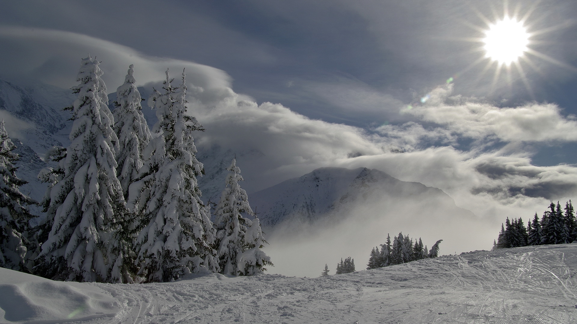 Descarga gratis la imagen Invierno, Sol, Nieve, Montaña, Bosque, Árbol, Tierra/naturaleza en el escritorio de tu PC