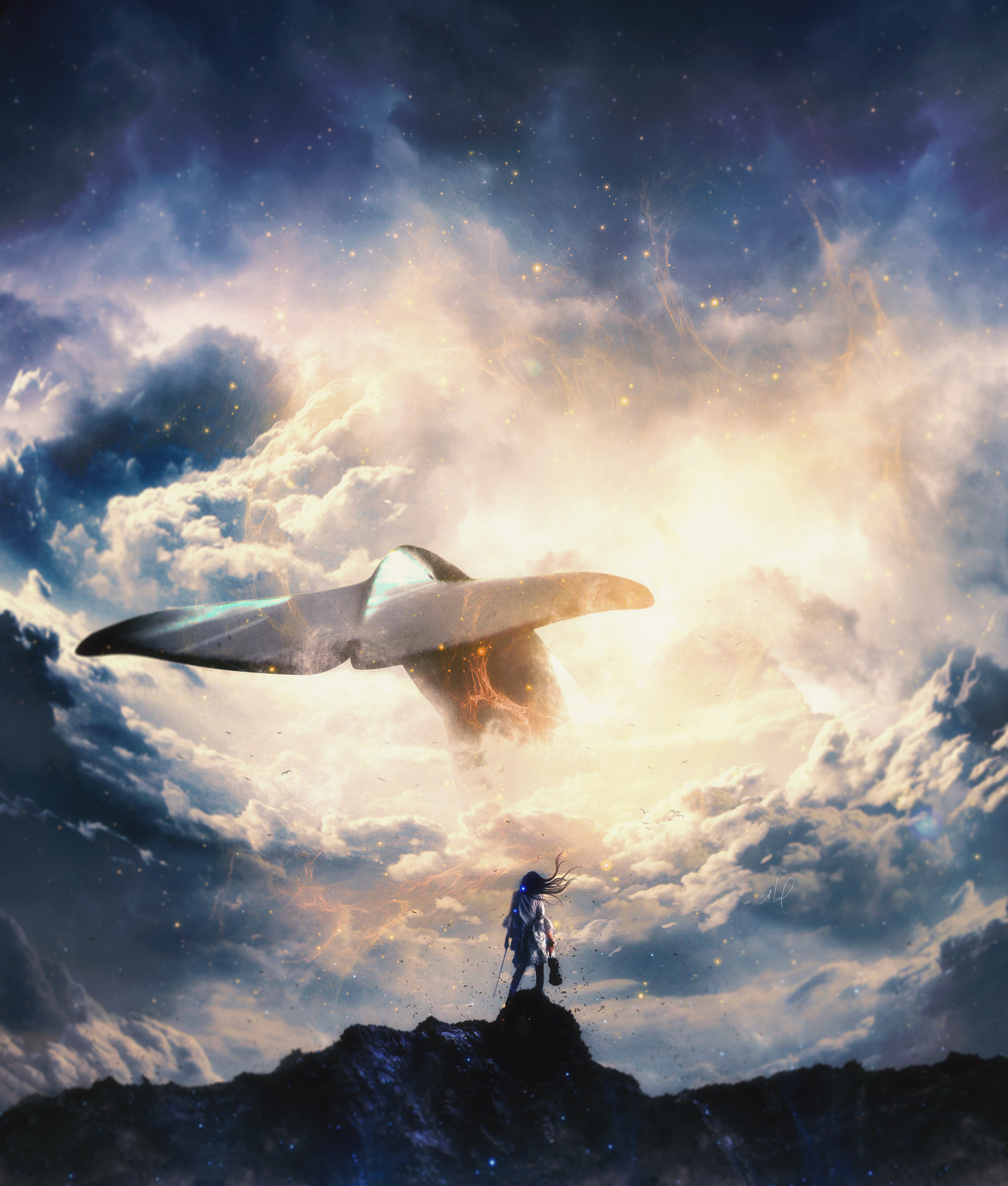 art, whale, surrealism, musician, clouds, miscellanea, miscellaneous, tail, symphony Full HD