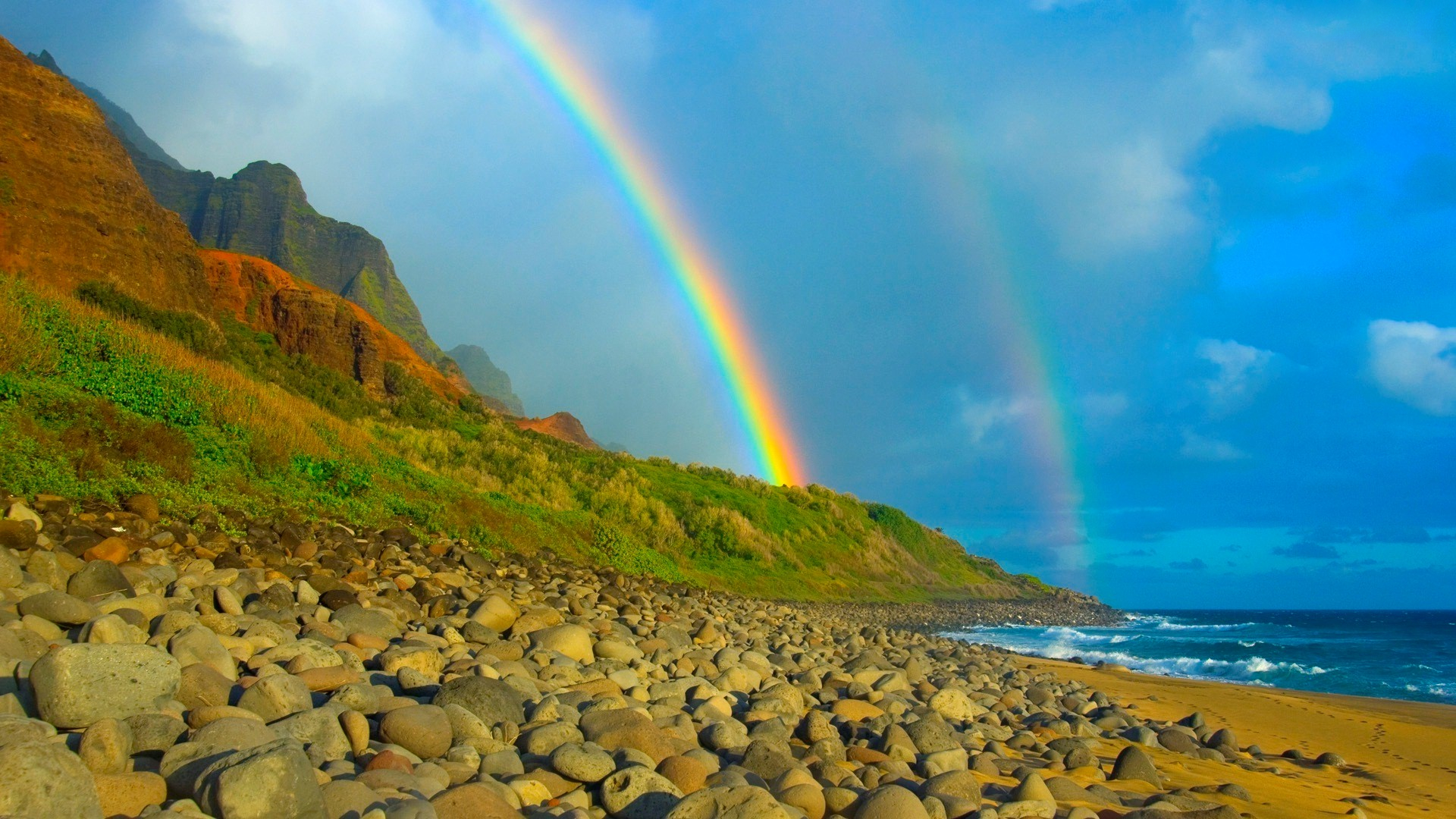 Download mobile wallpaper Sea, Beach, Rainbow, Coast, Ocean, Earth for free.
