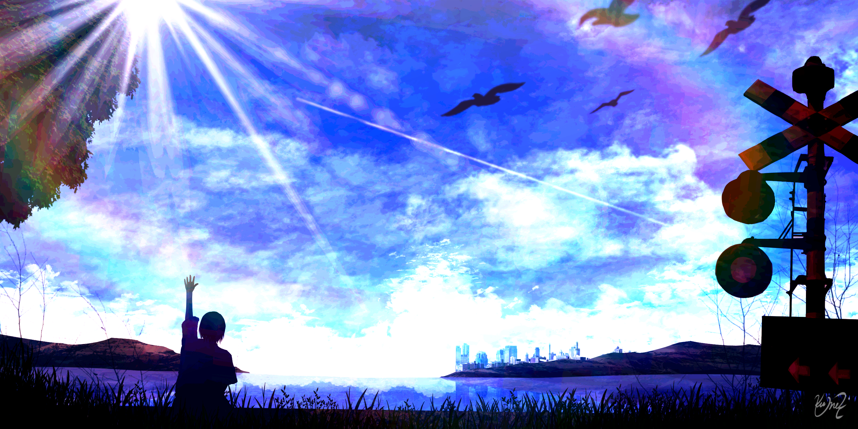 Download mobile wallpaper Anime, City, Lake, Bird, Original, Sunshine for free.