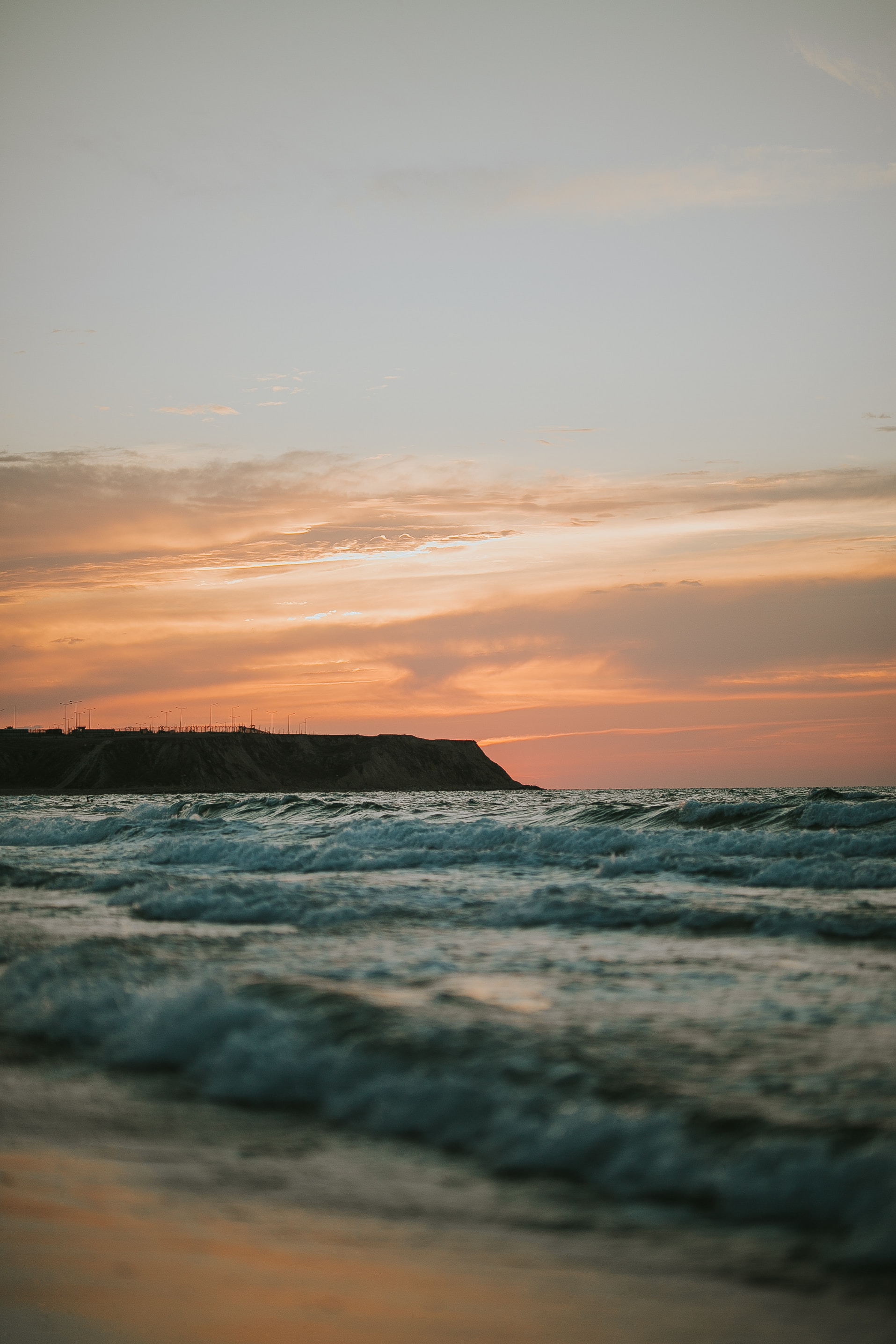 bank, nature, sunset, sea, twilight, waves, shore, dusk phone wallpaper