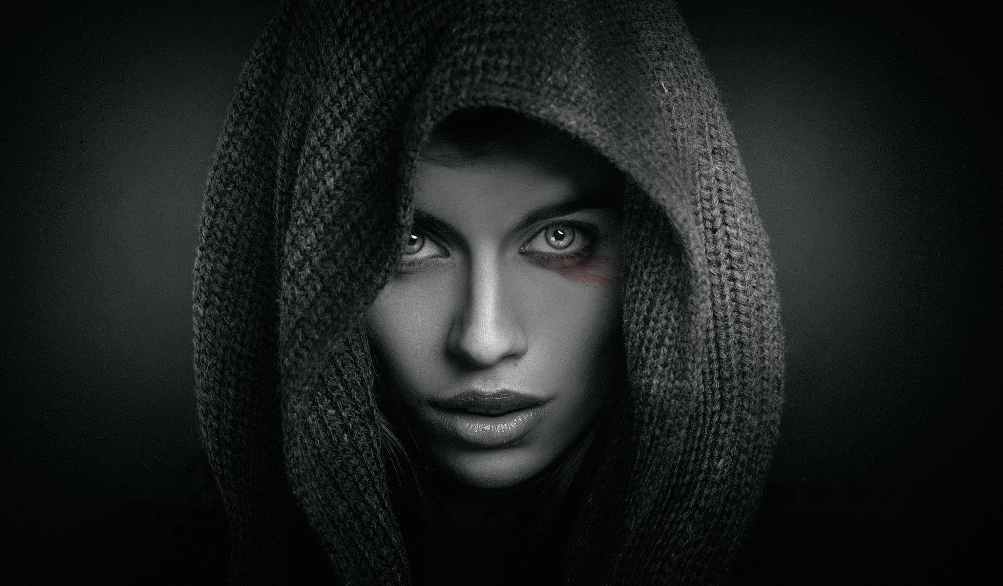 Download mobile wallpaper Face, Hood, Women, Makeup, Selective Color for free.