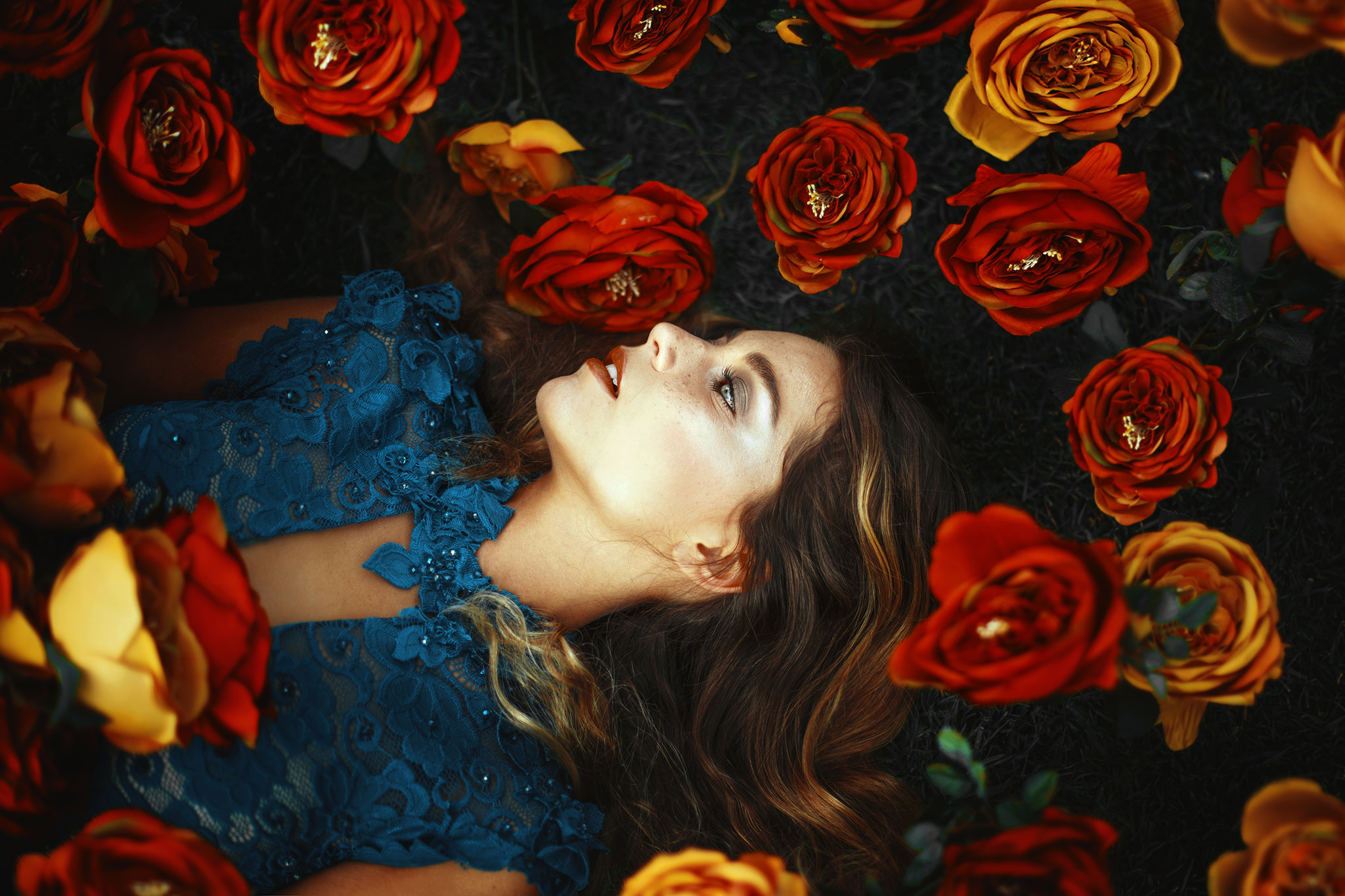 Free download wallpaper Flower, Mood, Brunette, Model, Women, Red Flower, Lying Down, Blue Dress on your PC desktop
