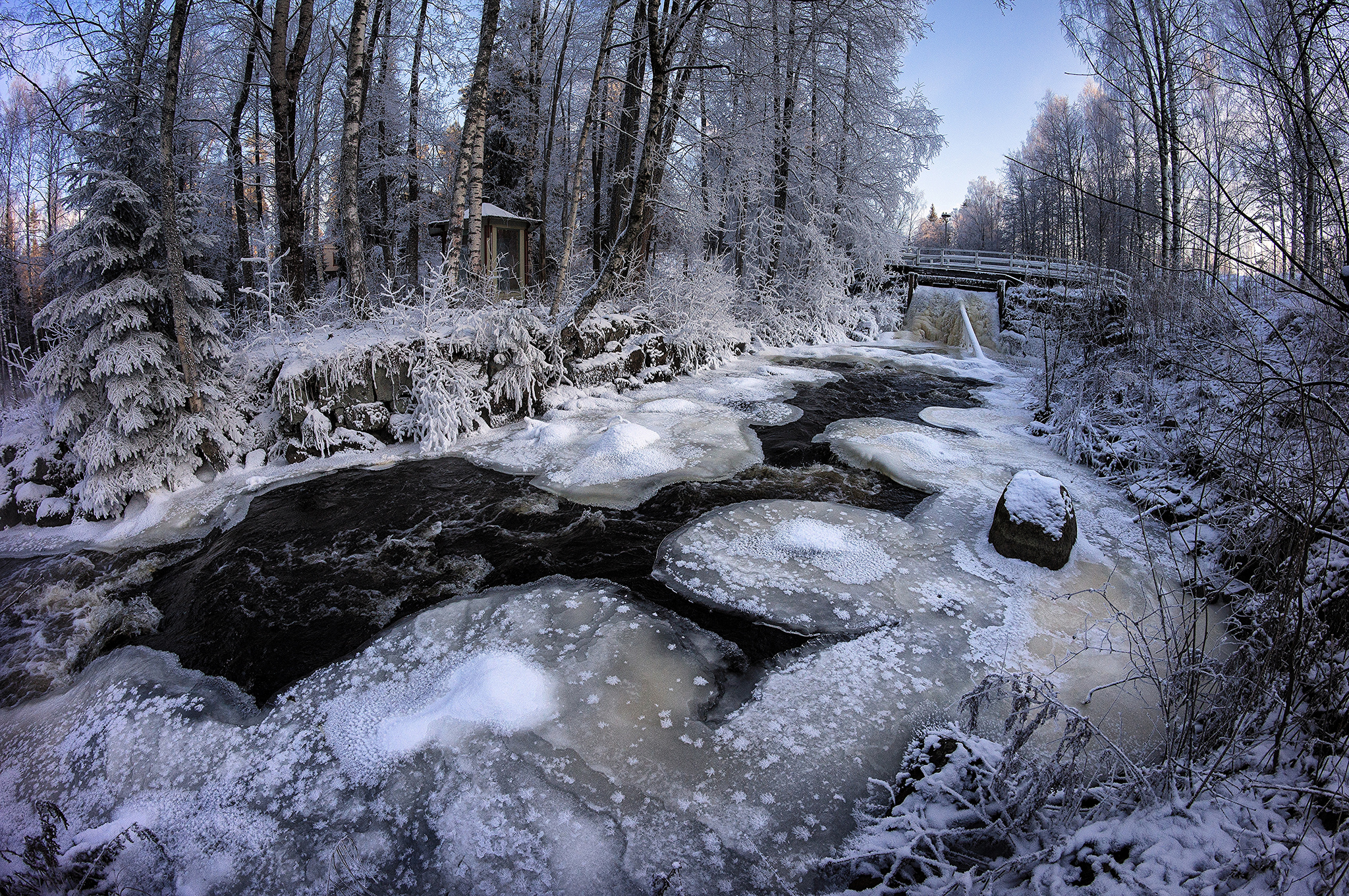 Free download wallpaper Winter, Ice, Snow, Tree, Earth, Bridge, River, Photography on your PC desktop