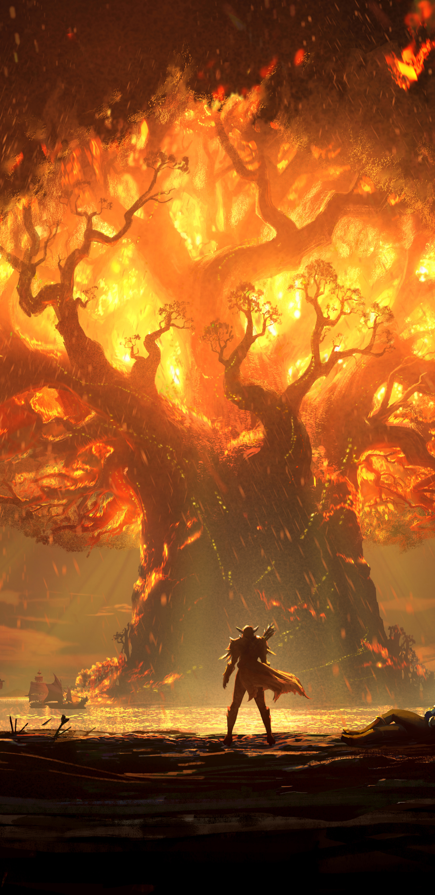Handy-Wallpaper Feuer, Baum, Krieger, Computerspiele, World Of Warcraft, World Of Warcraft: Battle For Azeroth kostenlos herunterladen.