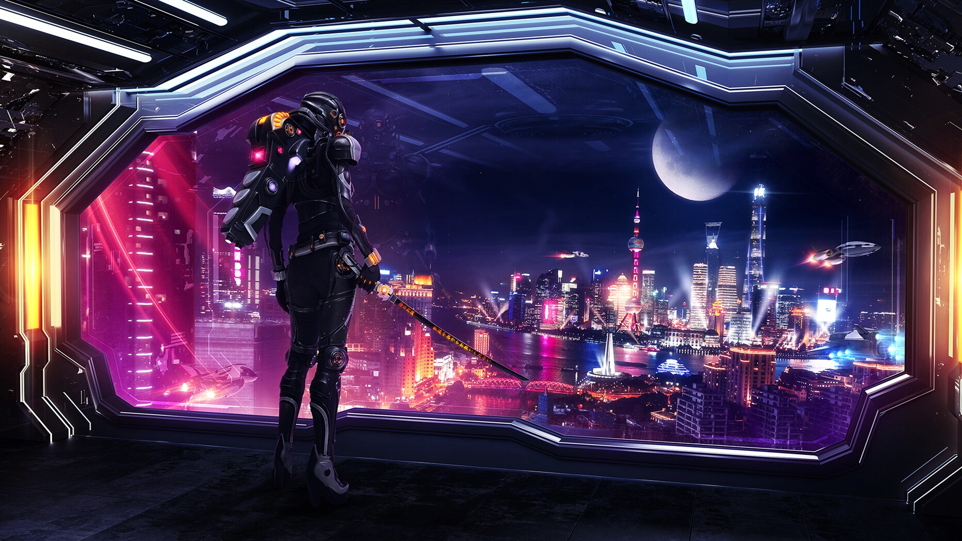 Download mobile wallpaper Moon, City, Cyberpunk, Sci Fi, China, Shanghai, Sword, Futuristic for free.