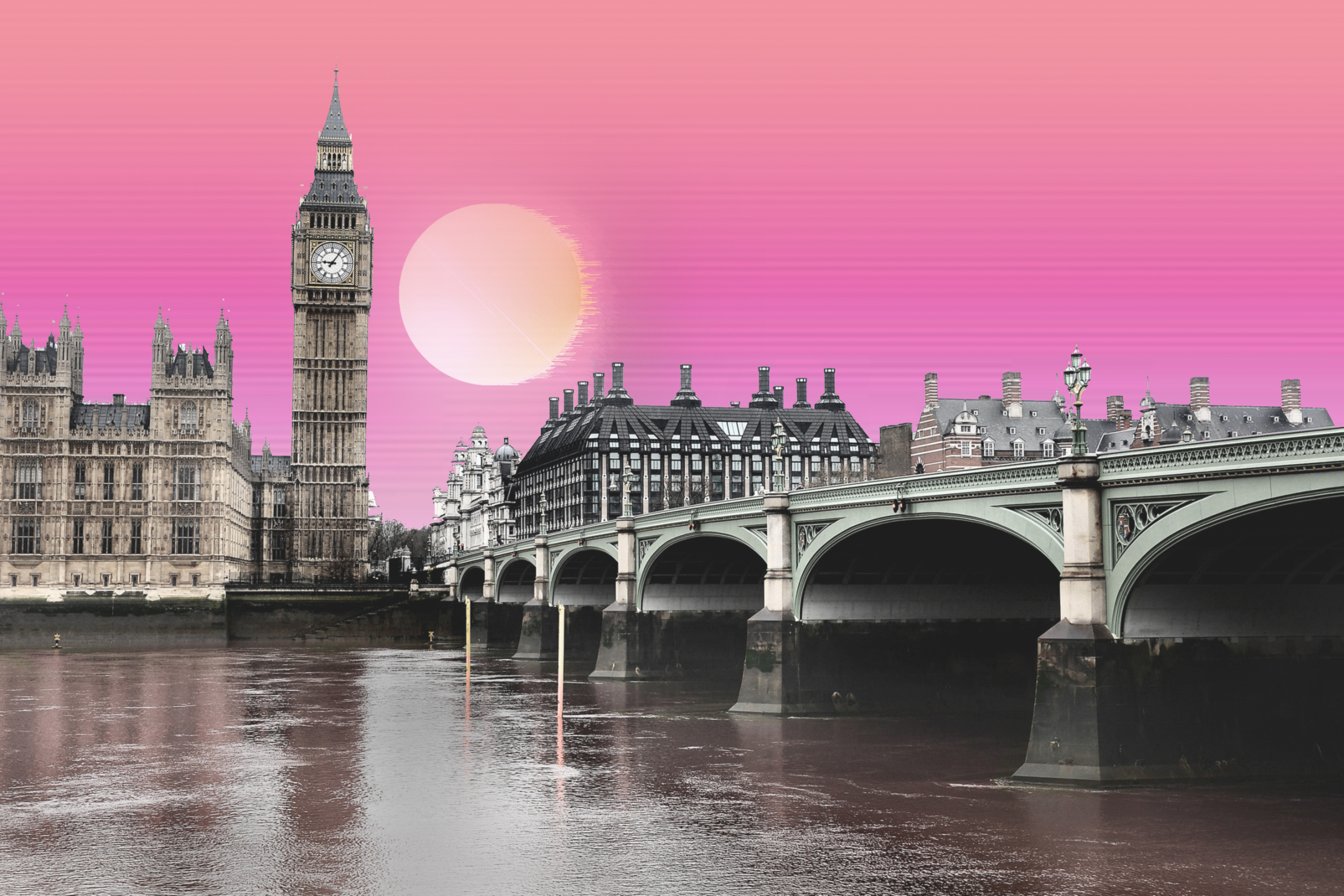Скачать обои бесплатно Лондон, Мост, Великобритания, Соединенное Королевство, Вестминстерский Дворец, Художественные, Большой Бен, Биг Бен, Вейпорвейв картинка на рабочий стол ПК