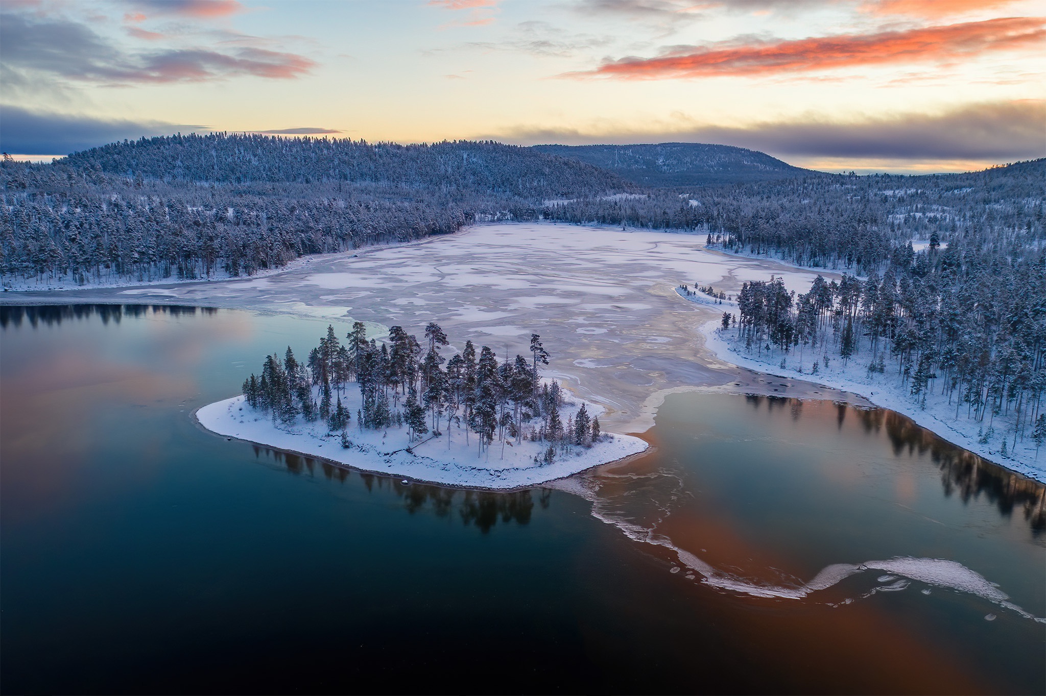 finland, earth, winter, forest, island, lake, landscape