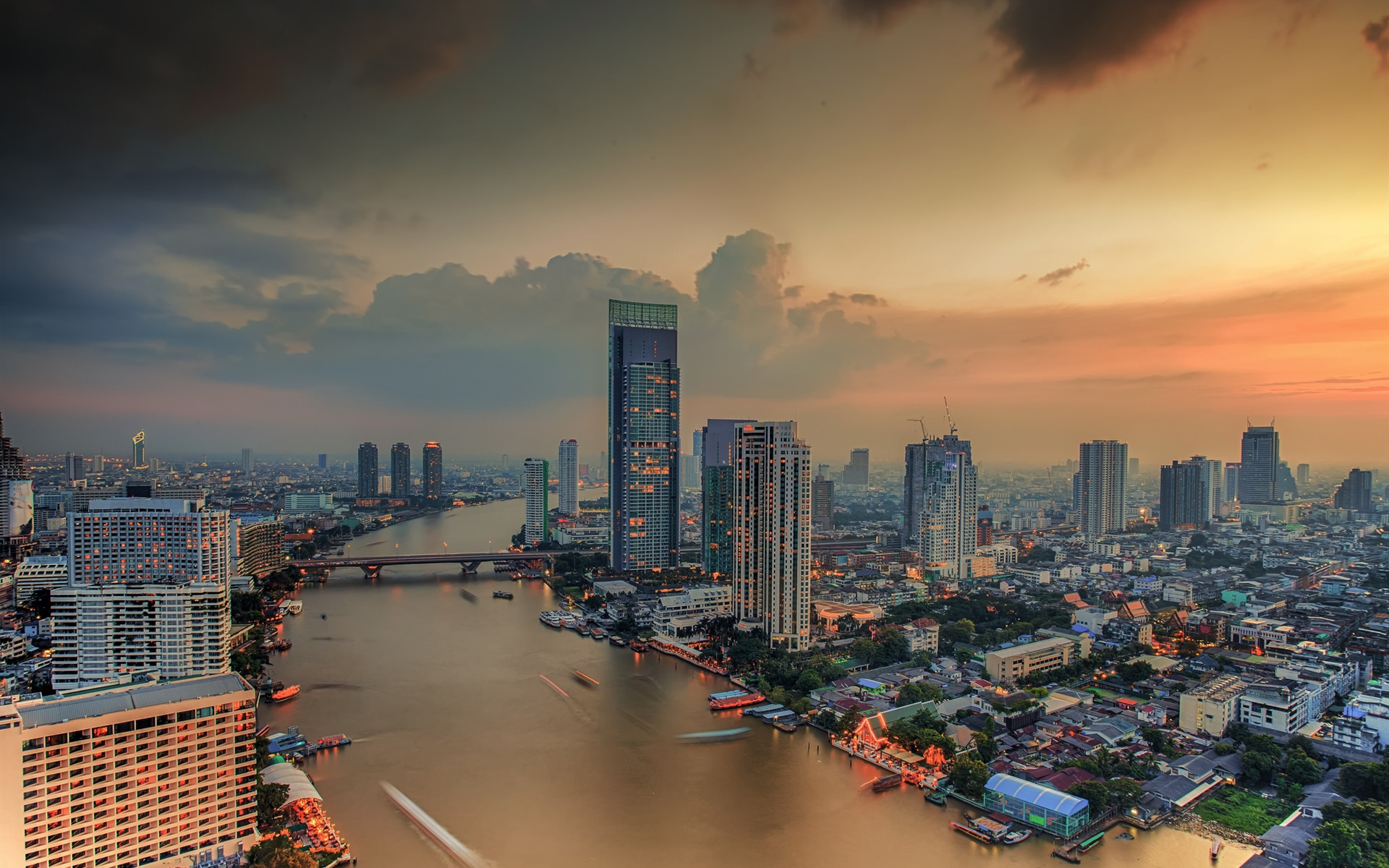Download mobile wallpaper Cities, Sunset, Architecture, City, Building, Light, Bridge, Panorama, Cityscape, River, Thailand, Bangkok, Man Made for free.